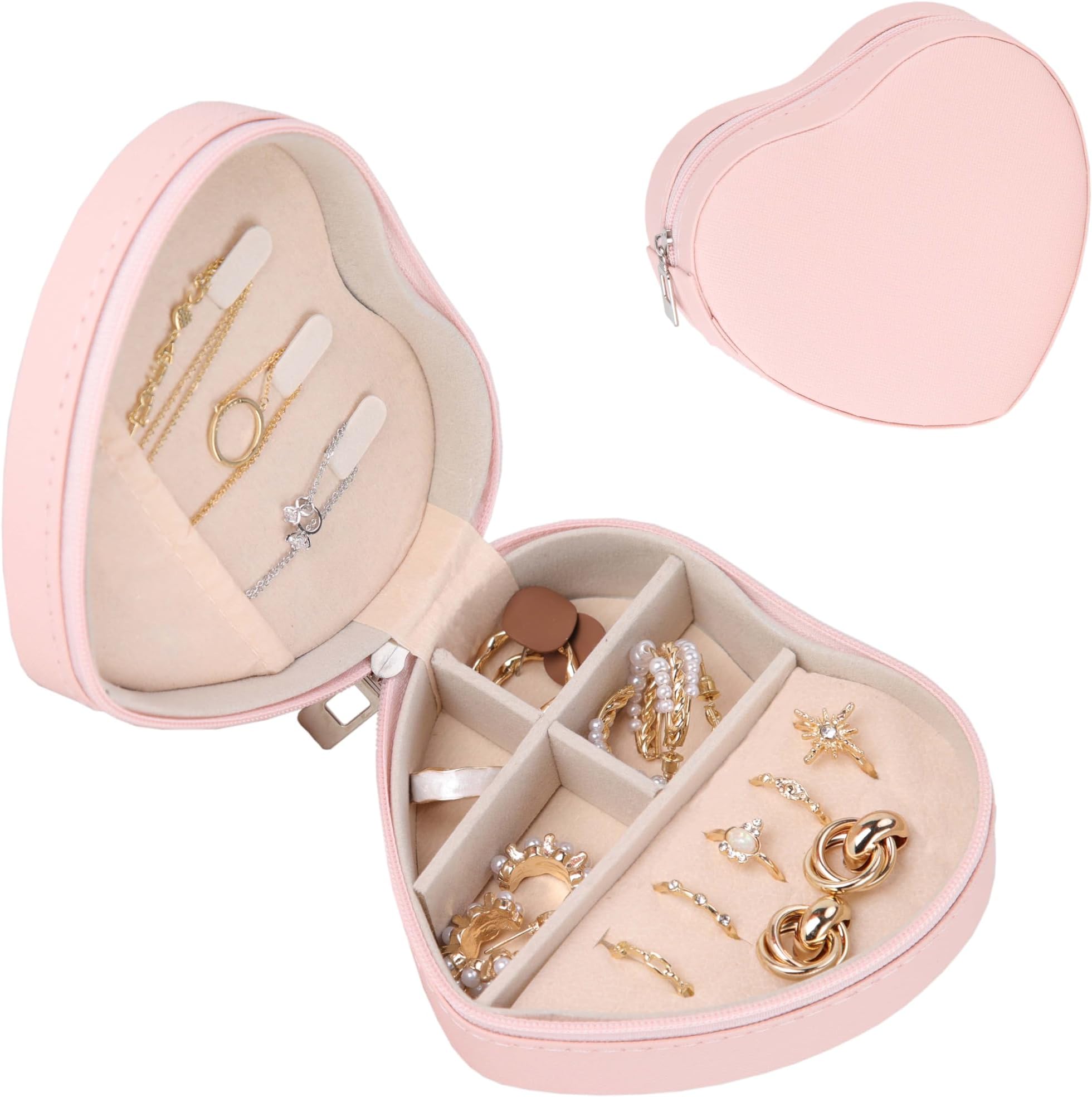 HomeMirth Jewellery Box Rolls for Travelling Trinket Ring Necklace Earring Bracelet Jewlery Small Storage Organiser Case Friendship Gift Ideas for Women 15 Year Old Teenage Girls Peach Pink