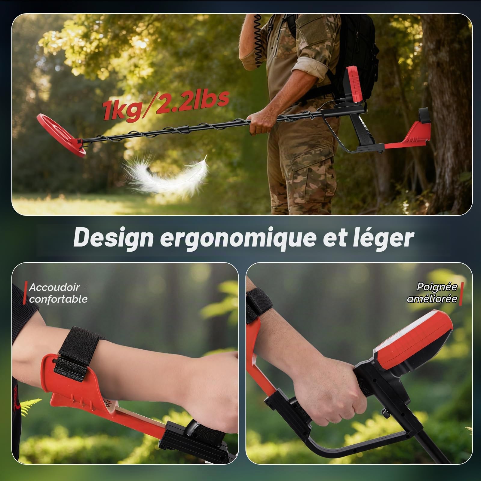 Détecteur de Métaux, Longueur Réglable 106-121 cm, detecteur metaux Professionnel avec localisation précise (Mode PP), Bobine de Recherche IP68 Imperméable pour la Plage & Chasse au trésor