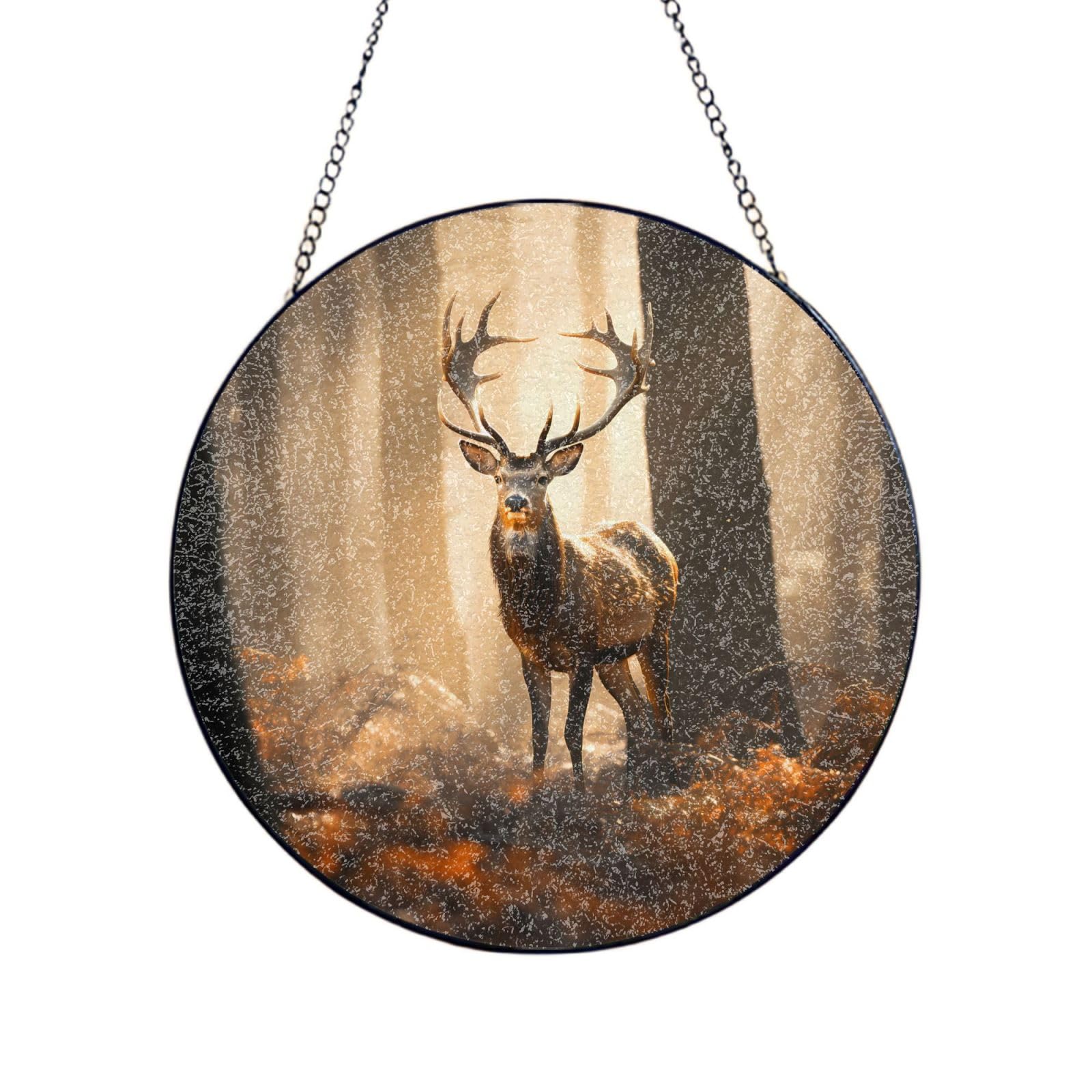 Phayah Glowing Deer In The Forest Print Stained Glass Window Hanging Suncatcher For Door Terrace Garden Home Decor Sun Catcher Birthday Gifts For Lovers Dad Mom 12in（30cm）