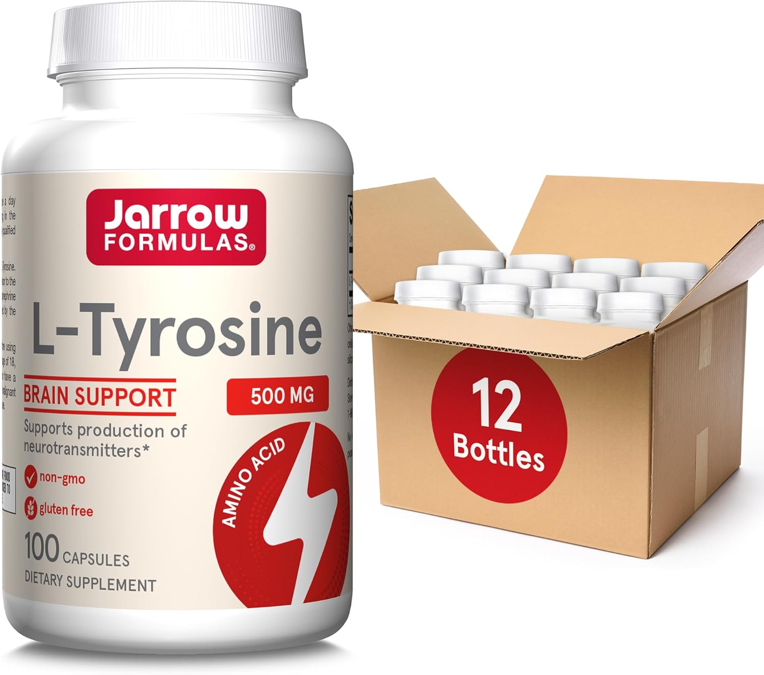 Jarrow Formulas L-Tyrosine 500 mg - 100 Capsules - Supports Brain Function - Brain Neurotransmitter Precursor - Free Form Amino Acid - Contains Pure Crystalline L-Tyrosine - 100 Servings(Pack of 12)