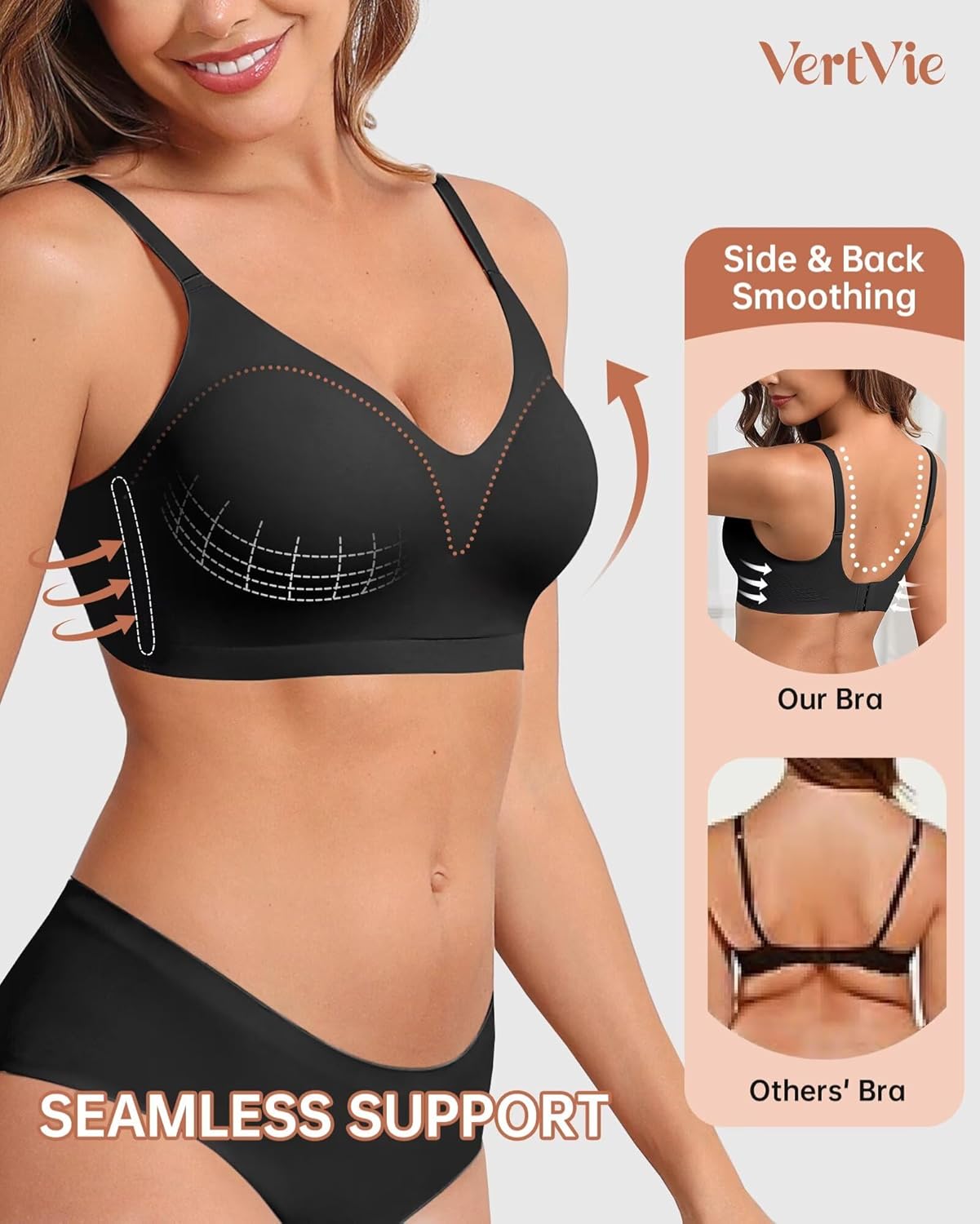 Vertvie Women Wireless Bras with Support Lift Full Coverage Push Up Plus Size Sport Bra Seamless Molded Cup Padded Tshirt Bra - Image 3