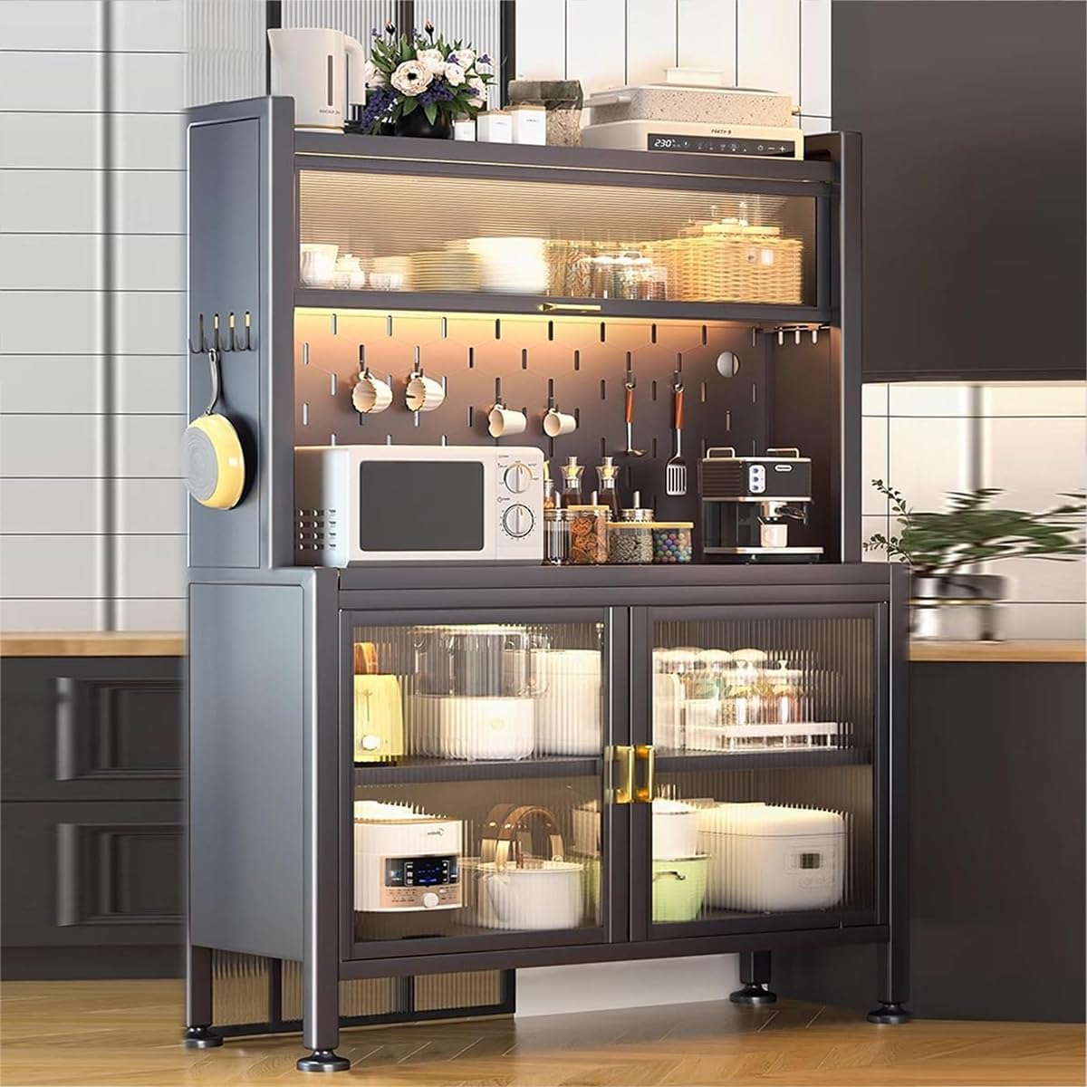 Multi Layer Microwave Oven Household Kitchen Storage Rack, Kitchen Standing Storage Cabinet with Light, Multifunctional Cabinet Standing Baker's Racks