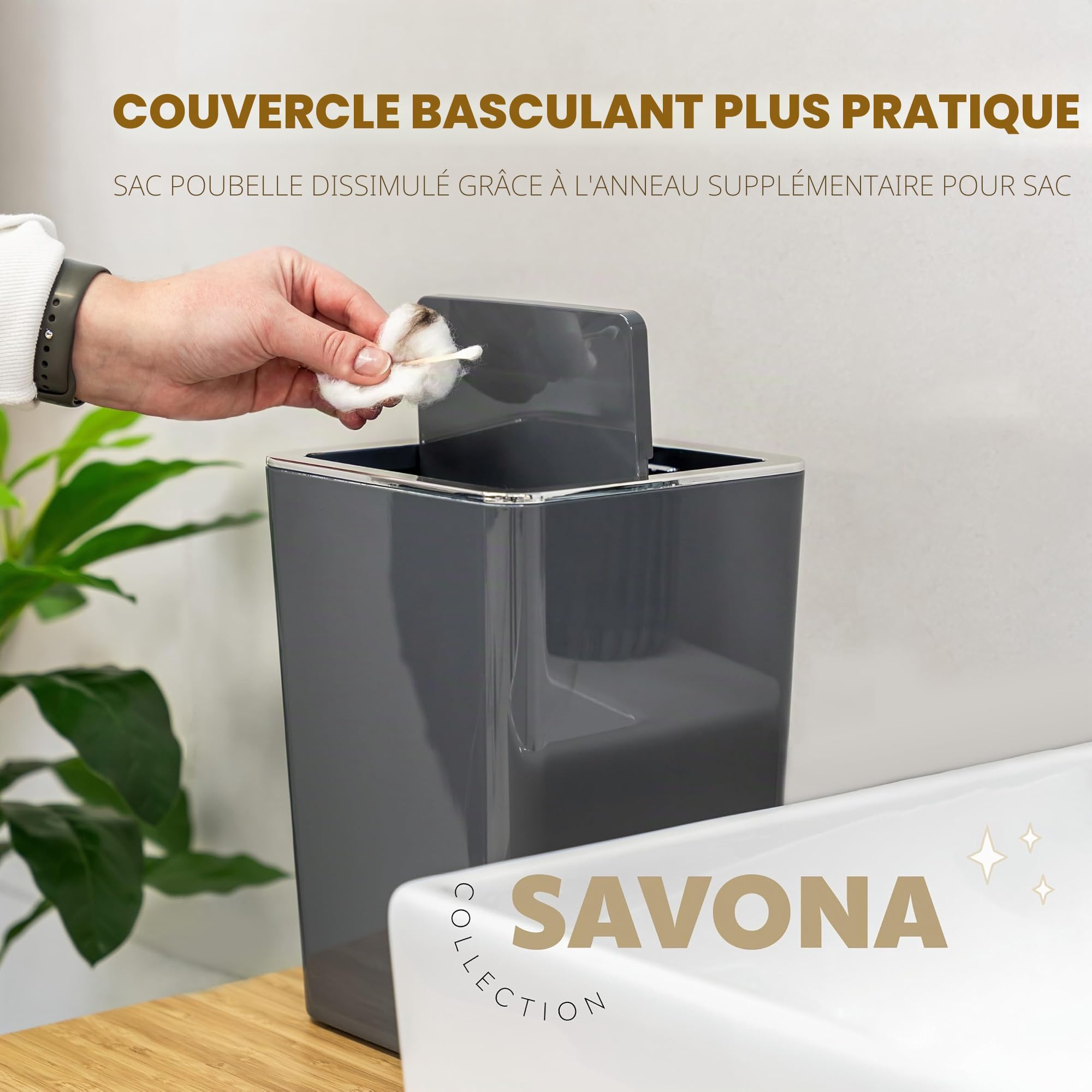 bremermann Savona Ensemble de Salle de Bain 2 pièces avec Poubelle de Salle de Bain 6 l et Brosse WC avec Support Mural carré (Plastique-Gris)
