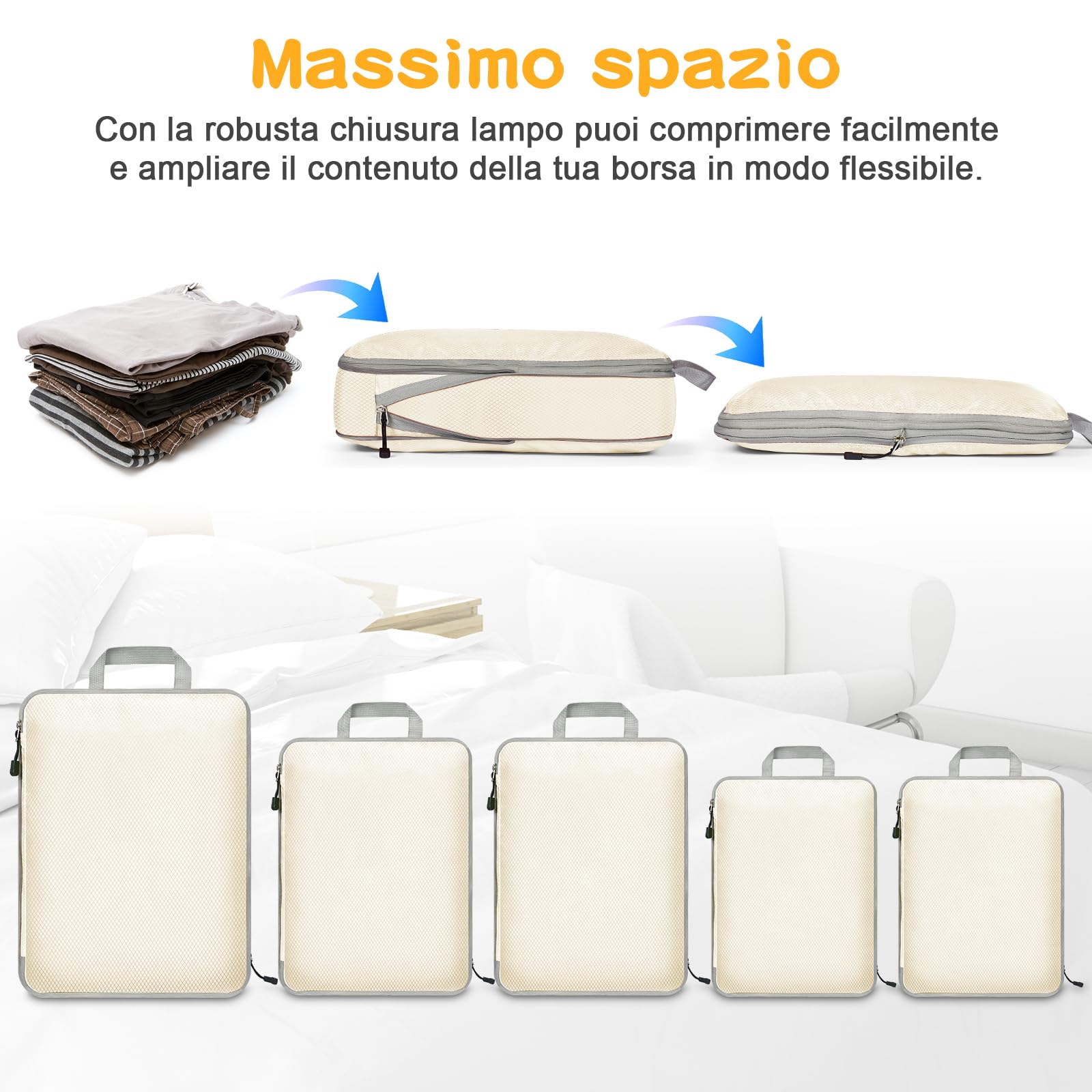 Eucomir Set di 9 Cubi Organizer Valigia da Viaggio, Sacchetti di Organizzatore Estensibile Salvaspazio,per Deposito per la Casa,Bianco