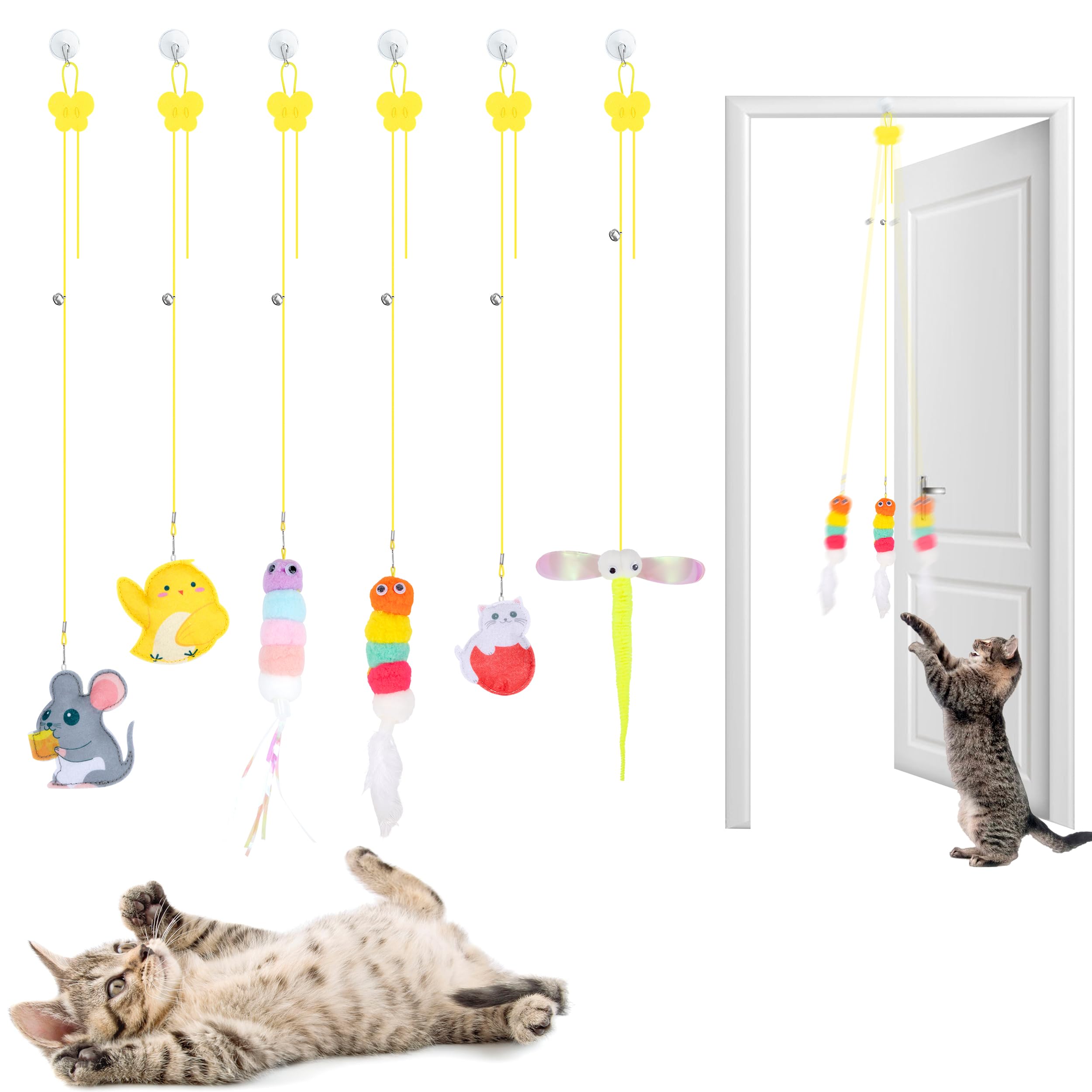 YSQEVN Juguetes de Gatos, Juguetes Colgantes para Gatos de Interactivos Juguetes de Fieltro de Plumas Mascotas Rebotando para Gatos Saltar Ejercitar Jugar (6 Piezas)
