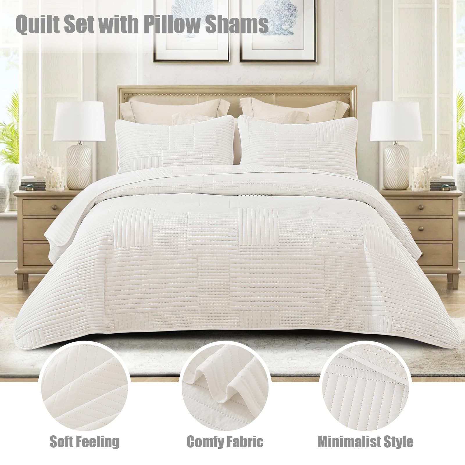 Whale Flotilla Quilted Bedspreads 3 Piece Queen Size Stripe Bedding Set, White, Full/Queen (220×240CM) - Image 2