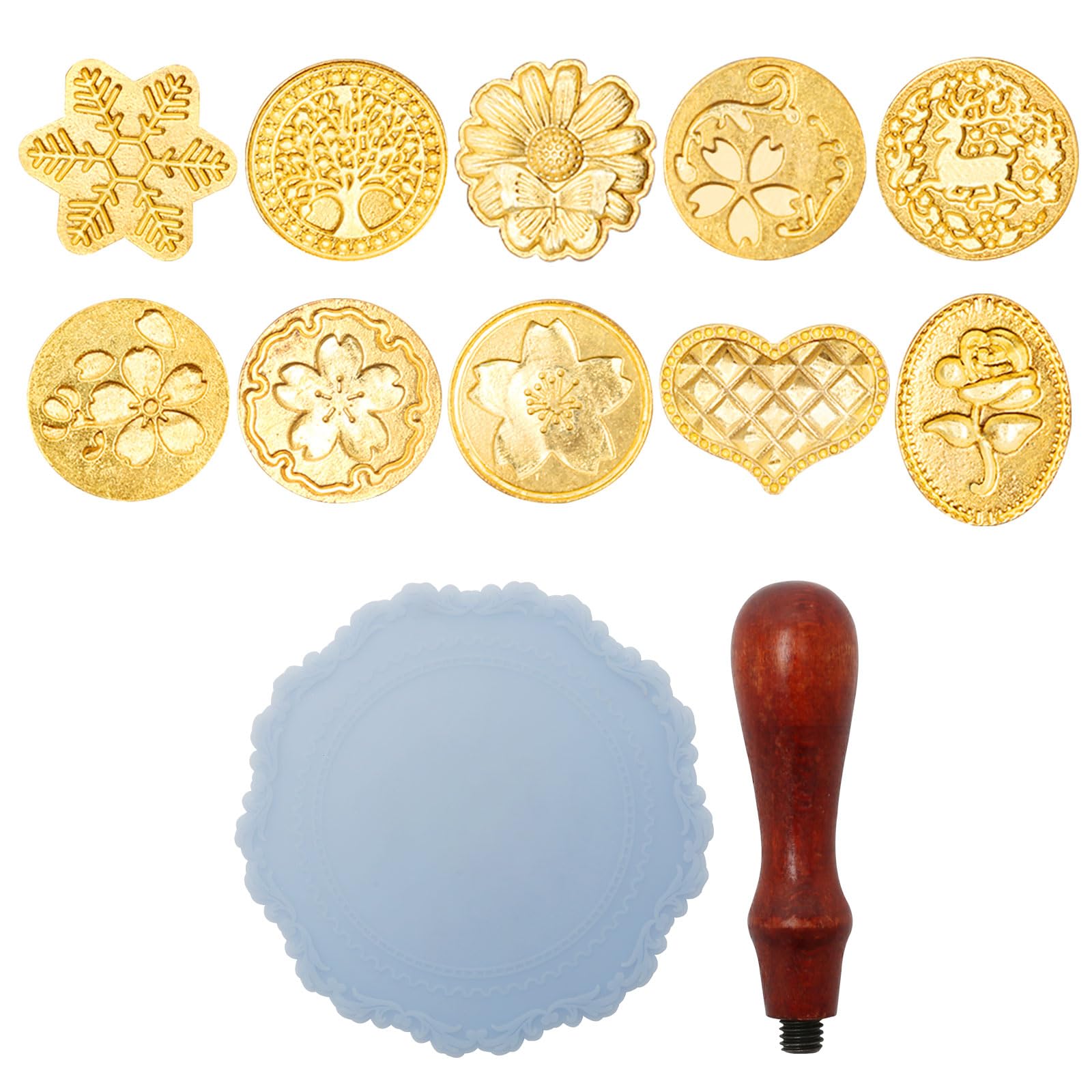 Wax Seal Stamp Set, 10 Different Wax Seal Stamps with Removable Wooden Handle and Pad, Personalised Sealing Heads for Envelopes, Invitations, Cards, Gift Packing Etc.