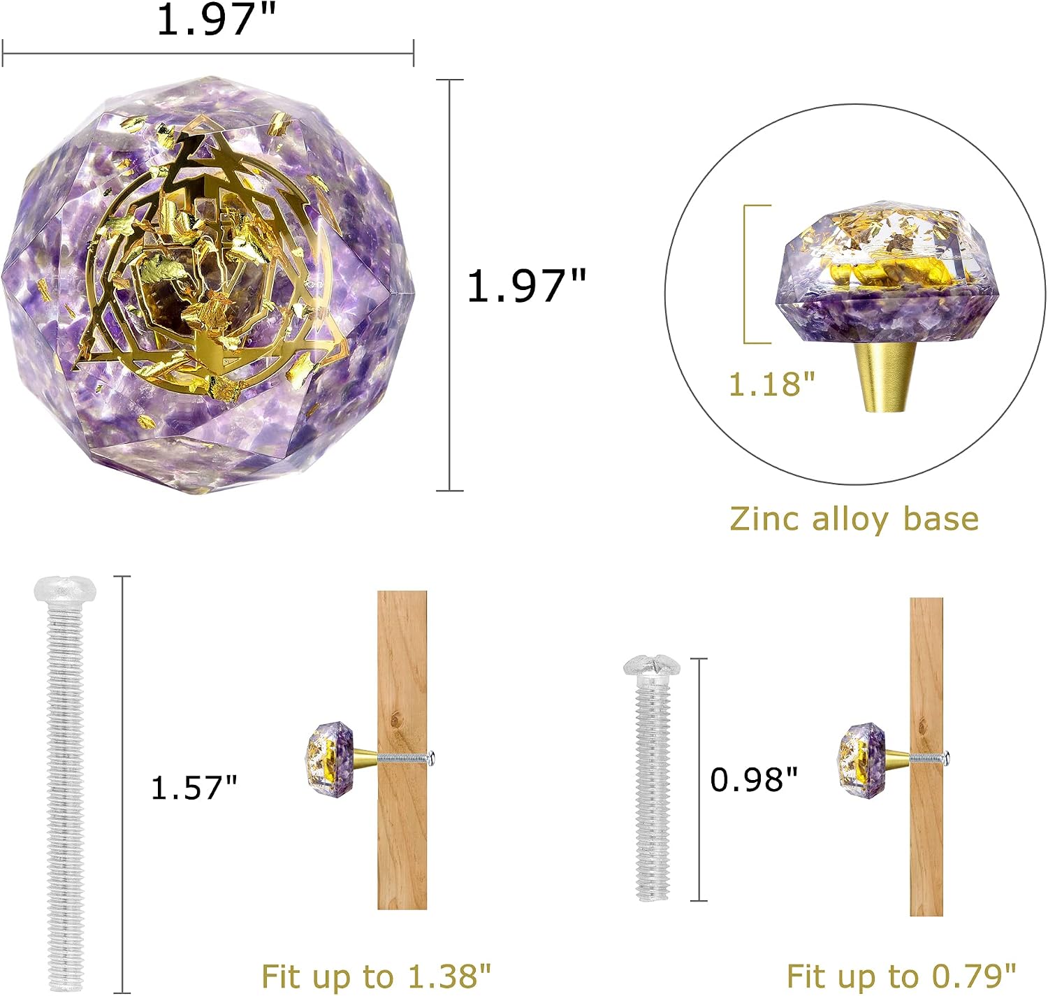 Lpraer 2Pcs Resin Crystal Knobs with Amethyst Decorative Stone Drawer Pulls Cabinet Knob for Kitchen Cupboard Dresser Closet Wardrobe