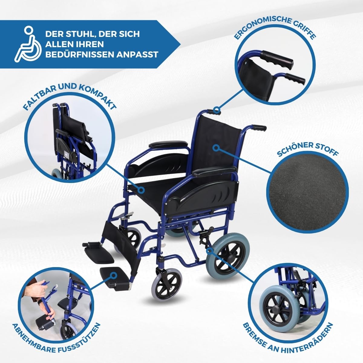 Mobiclinic®, Faltbarer rollstuhl, Maestranza, Feststellbremsen, 45 cm sitzhöhe, Abnehmbare fußstützen, Abklappbare und gepolsterte armlehnen, Kleine räder, Robust, Farbe schwarz