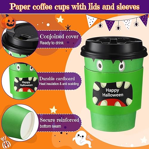 Miniatura 4 de Umigy Paquete de 100 tazas de café desechables de Halloween de 12 onzas, tazas de café de papel con tapas de cúpula y fundas para bebidas frías y