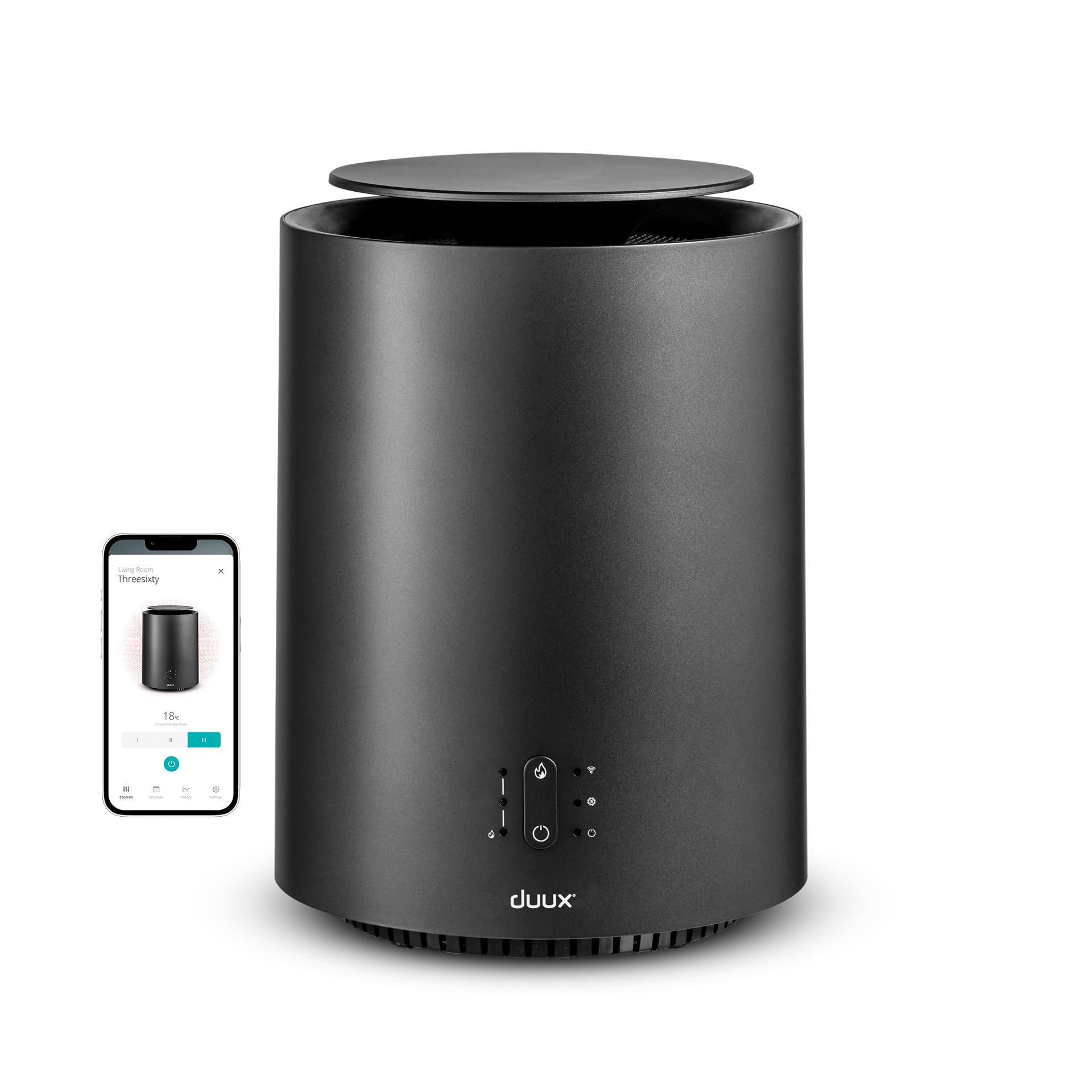 Duux Threesixty 2 Smart Ceramic Fan Heater, Quiet, 360ยฐ Electric Heater with 1800 Watt and 3 Power Levels, Electric Heater, Energy Saving with Intelligent Control, Grey