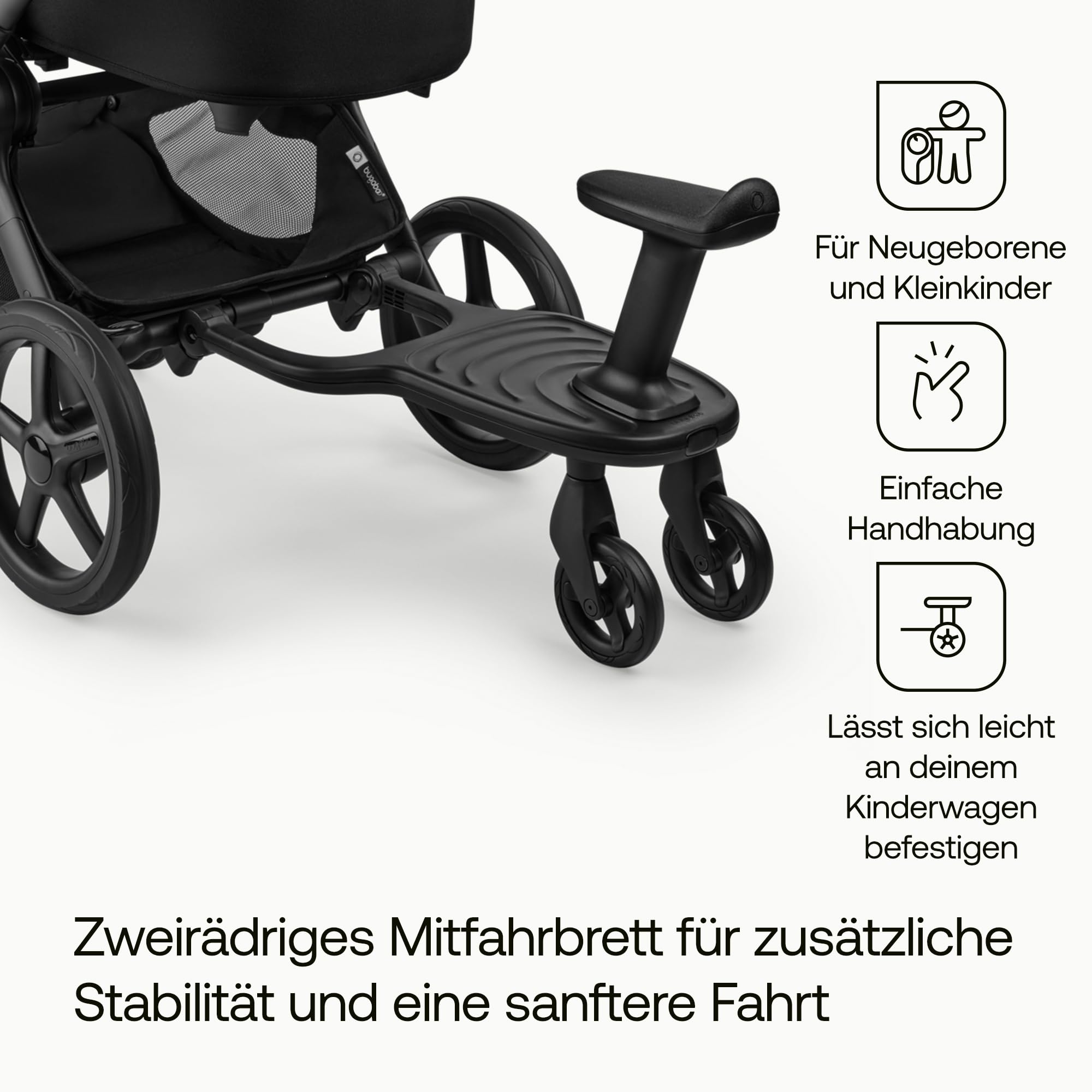 Bugaboo Komfort-Mitfahrbrett+ mit abnehmbarem Sitz – Mitfahrbrett für Kleinkinder, mit Sitz- oder Stehmöglichkeit, kompatibel mit Bugaboo Kinderwagen, zwei Räder für besonders sanfte Fahrten