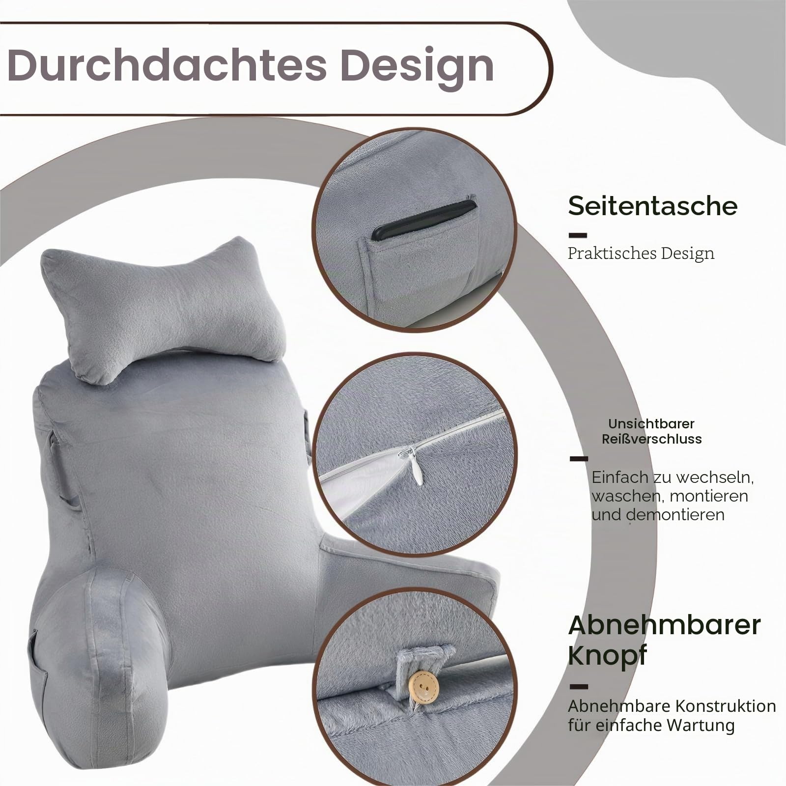 Lesekissen für Erwachsene mit Armstütze und abnehmbarem Nackenkissen – Weiches Velours-Rückenkissen zum Lesen, Fernsehen oder Spielen, mit Seitentaschen und waschbarem Bezug.