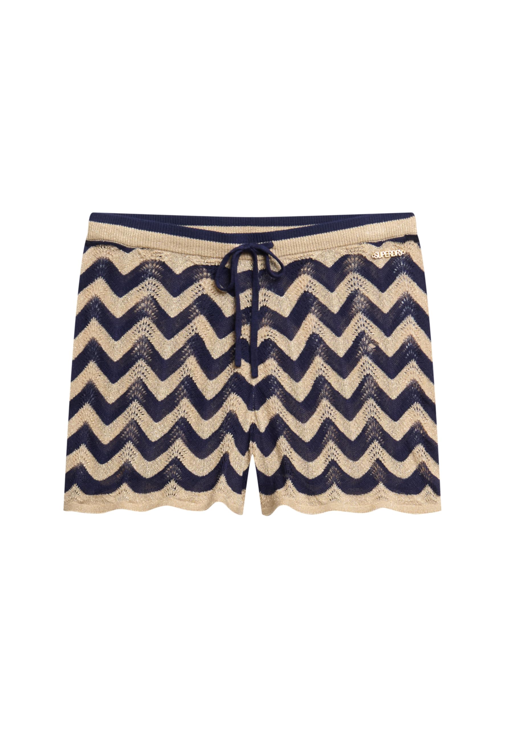 Superdry Ladies Knitted Zig Zag Shorts, navy blue gold zigzag stripes, 12