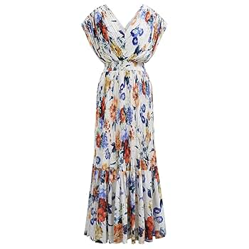 ワンピース [Cest Moidew] Floral chiffon shirt dress CHICWISH Women Floral Pleated Chiffon Maxi Dress V Neck