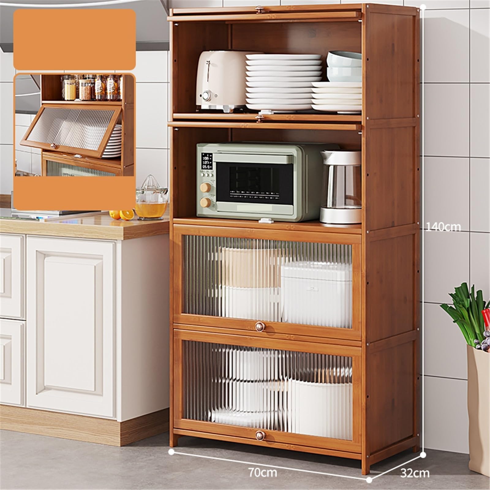 Buffet autoportant Buffet de Cuisine à 4 Niveaux avec Portes vitrées et Compartiments Rangement for café thé, Hauteur 140 cm
