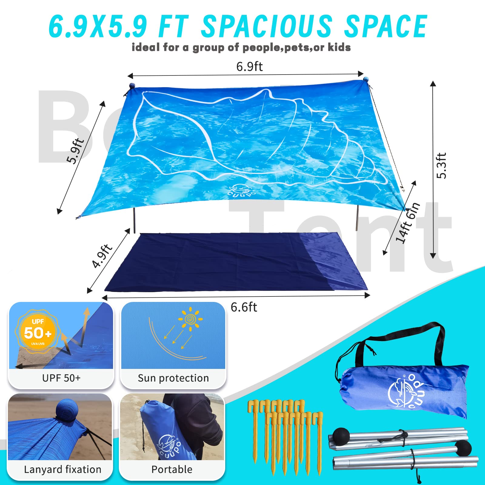 Cuupo Beach Tent Sunshade UPF50 UV Protection Outdoor Awning Tent Sunshade with 2 Sticks for Camping, Beach, Fishing, Backyard Picnics, 213 x 213 cm, Blue