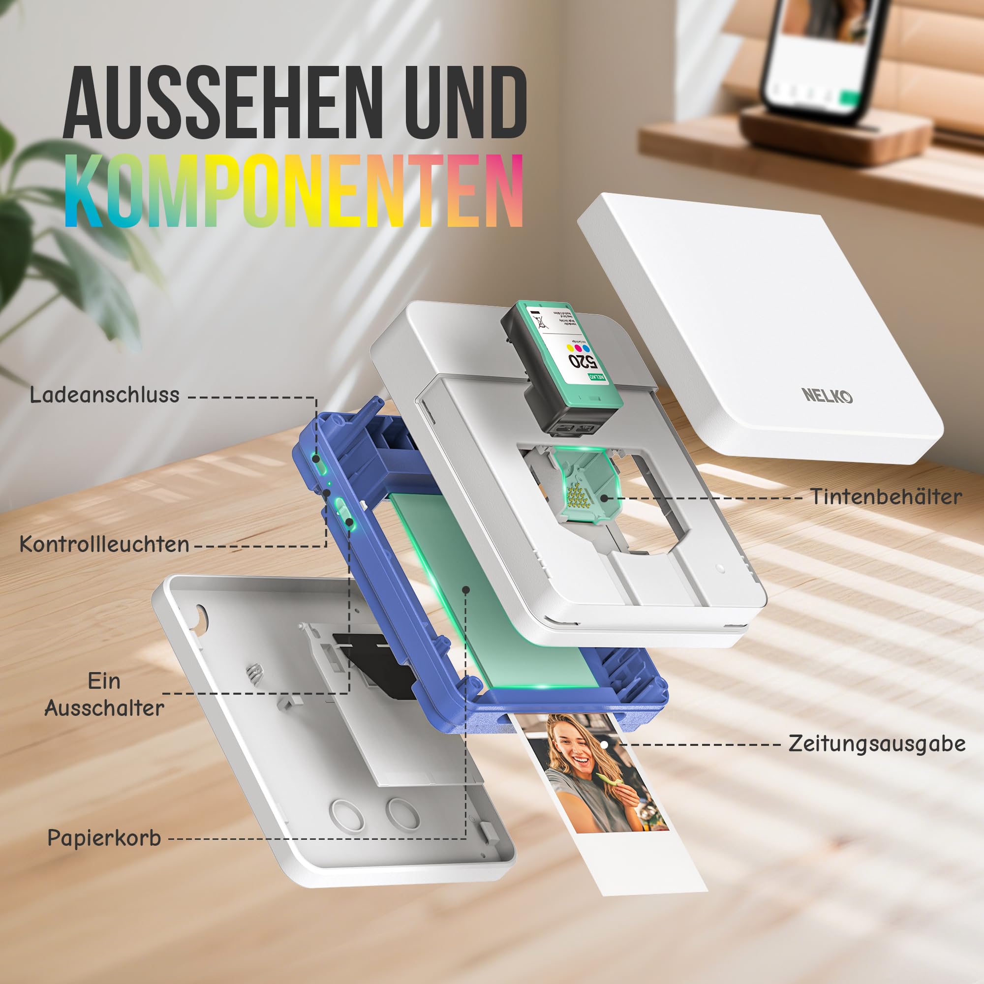 Nelko Fotodrucker PP01 Tragbarer Mini Fotodrucker, 20 Blatt Fotopapier,Weiß | Tintenstrahl-Aufkleberdrucker kompatibel mit iOS/Android mit Bearbeitungs-App, Ideal für Partys, Reisen und Bullet Journals