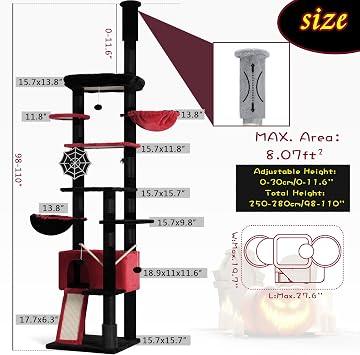 Hey-brother Gothic Cat Tree, 98.4-110.2 Inches Floor to Ceiling Cat Tree-Adjustable Height, Tall Cat Climbing Tower for Cats Large Adult with Scratching Post, Cat cando, Black and Red 0MPJ091BR