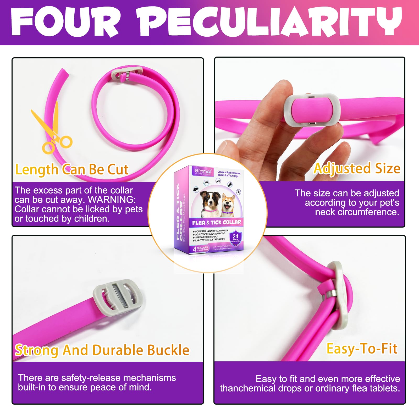 Zeckenhalsband für Hunde 4 Stück, Flohhalsband für Hunde, Verstellbar und Wasserdicht, Sicher und Natürlich, 60 cm Length, 24 Monate Schutz, für Kleine, Mittelgroße und Große Hunde (Rosa&Lila)