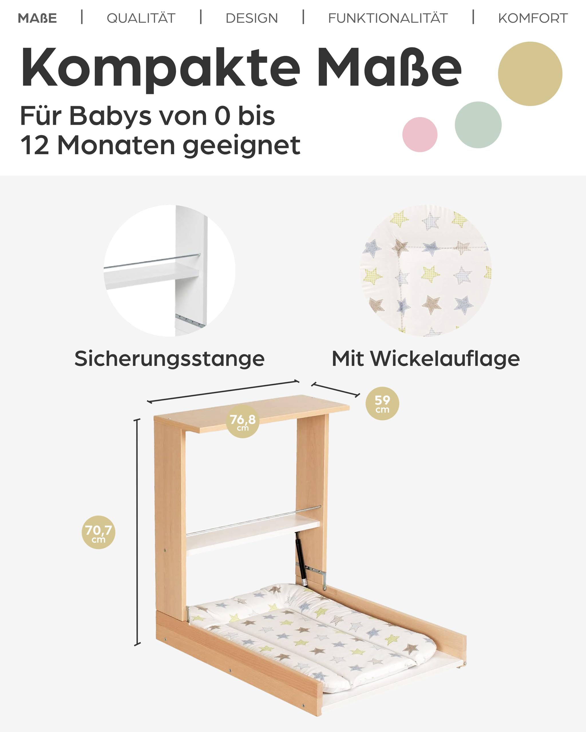 Geuther Wand Wickelregal Wicki I Wickeltisch klappbar inkl. Wickelauflage I Platzsparende Wickelkommode klappbar für Babyzimmer I Wandwickeltisch mit Regalfach I Wickelunterlage abwaschbar | Natur