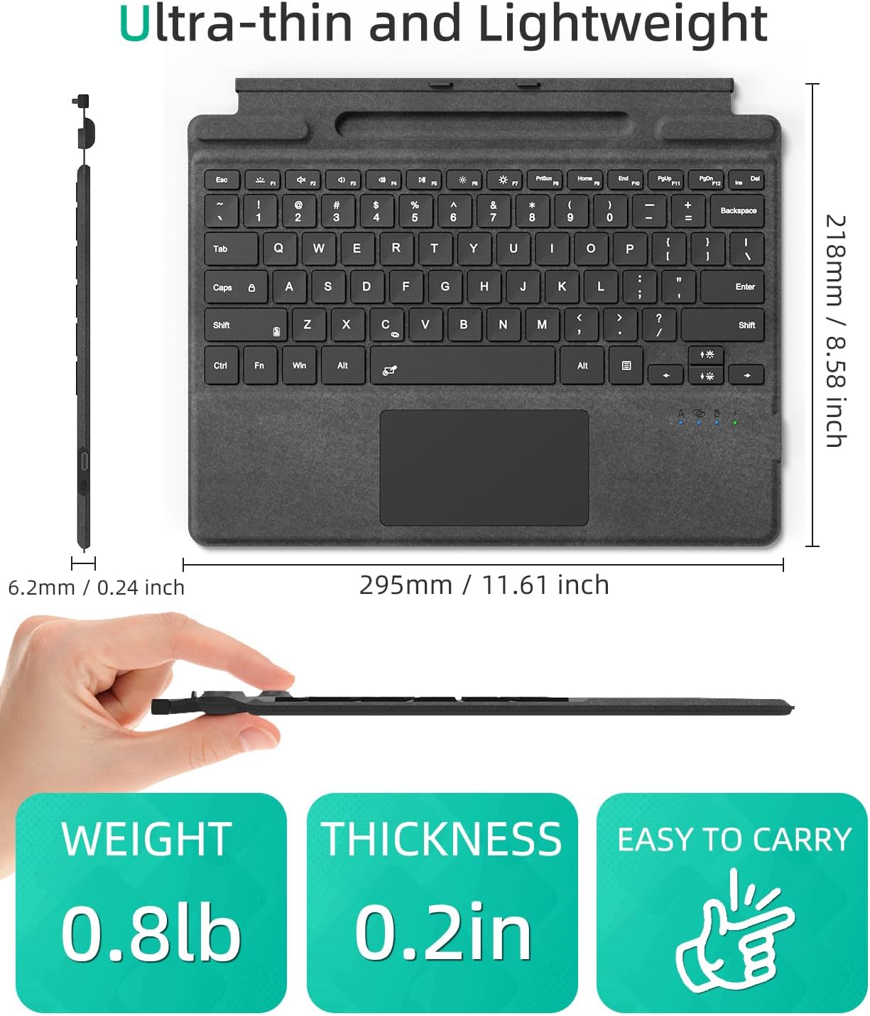 Surface Pro Bluetooth Keyboard for Microsoft Surface Pro 11/10/9/8/X 13", 7 Color Backlits Wireless Type Cover with Multi-Touch Trackpad & Pen Holder, Magnetic USB-C Rechargeable Slim Keyboard, Black