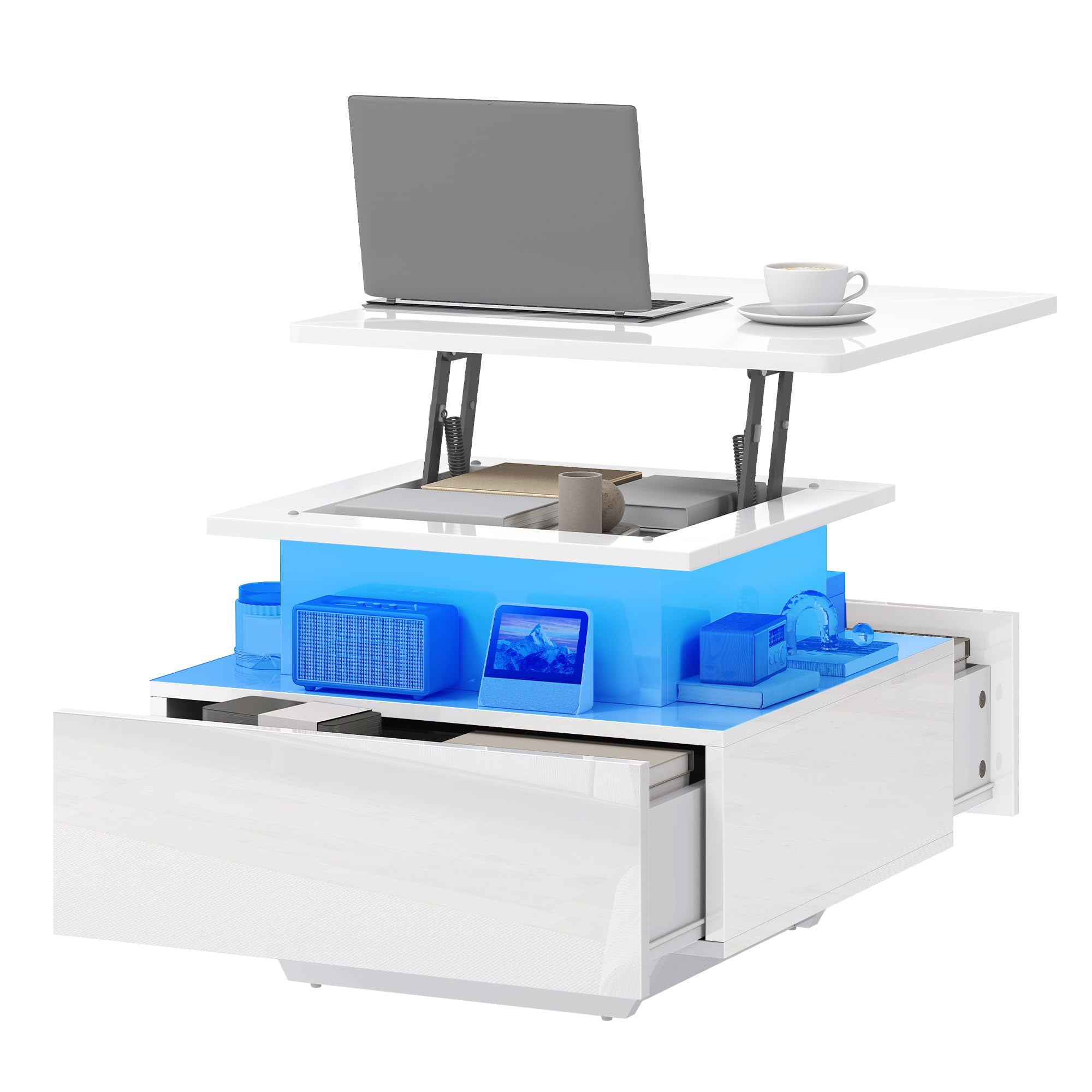 DWVO Table Basse avec LED, Hauteur Réglable, Blanc Laqué Moderne, avec Rangement et Tiroirs pour Salon, 60x60x45-58 cm