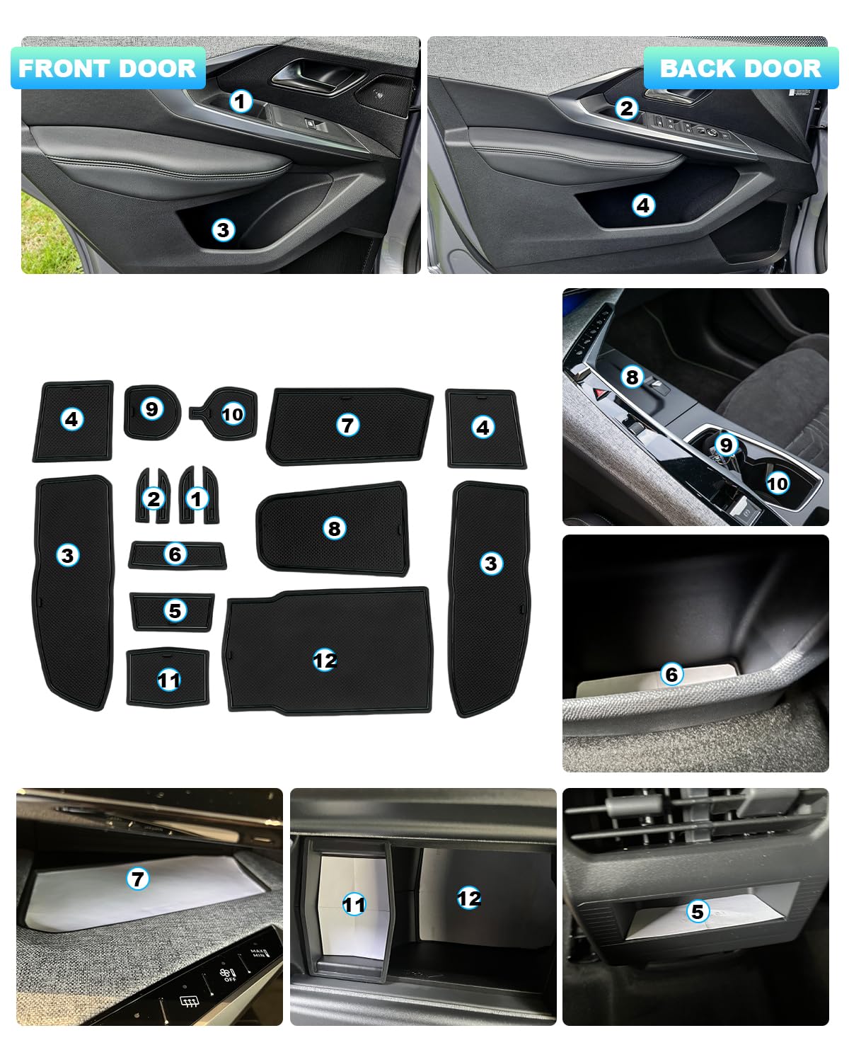 CDEFG Compatibile con Peugeot e-3008 e3008 2024 2025 - Tappetini in gomma antiscivolo per console centrale, colore: nero