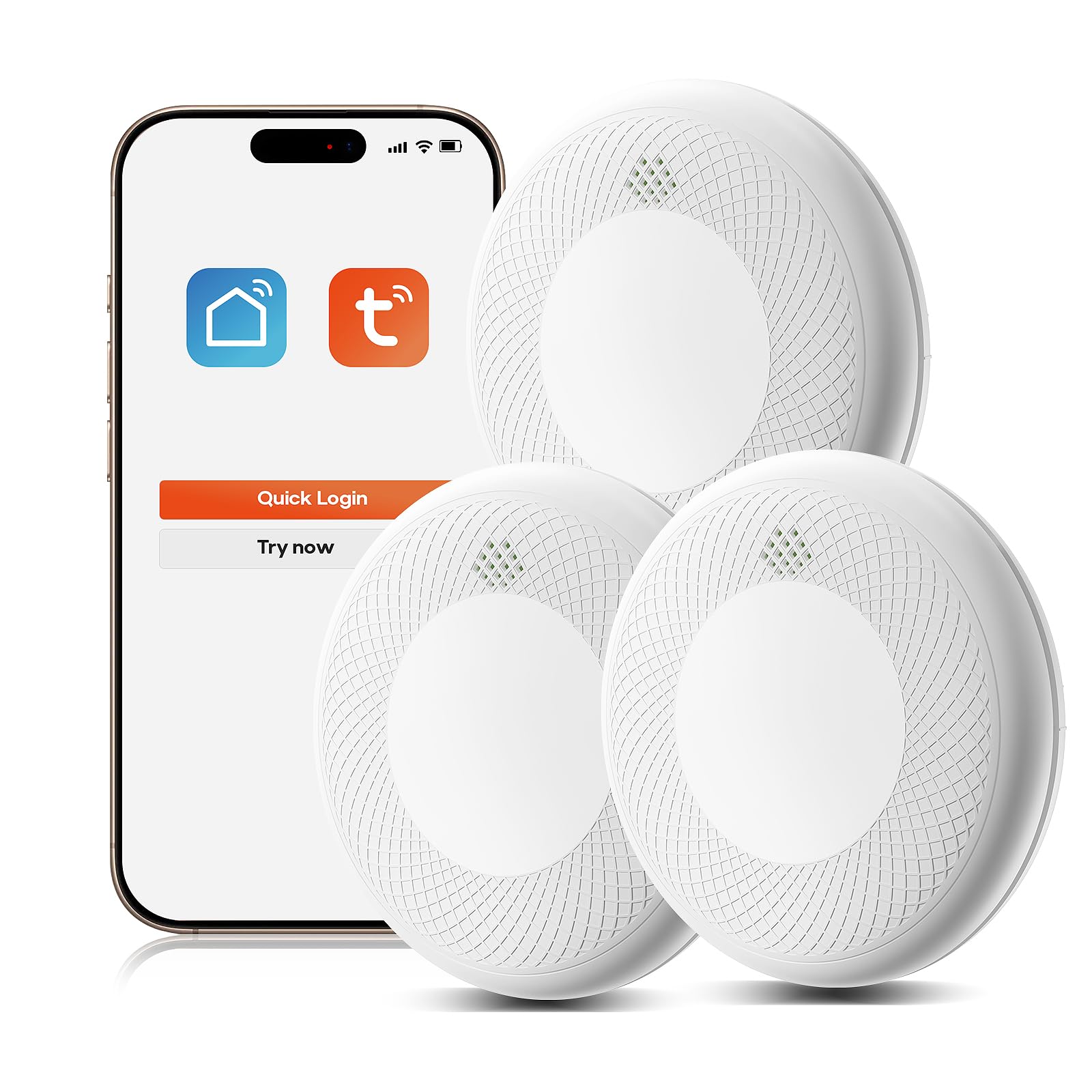 Safeliveo Rilevatore di fumo WiFi con batteria da 10 anni, notifiche tramite app e auto-test, allarme antincendio intelligente compatibile con Tuya & Smart Life, 3 pezzo