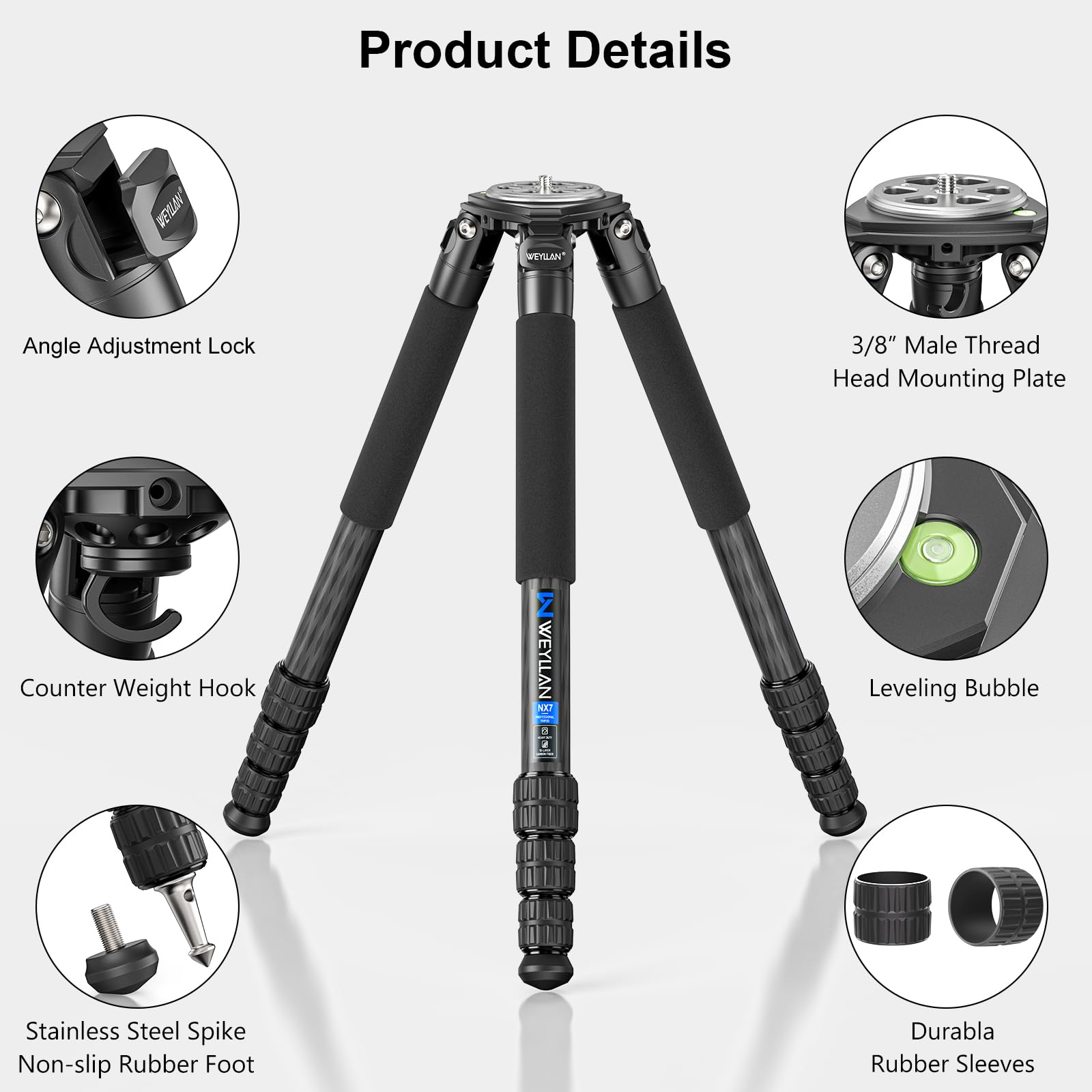 Treppiede per fotocamera in fibra di carbonio, portatile, da viaggio, resistente, WEYLLAN NX7, 10 strati in fibra di carbonio, gamba da 32,5 mm, compatibile con testa a sfera e testa fluida per