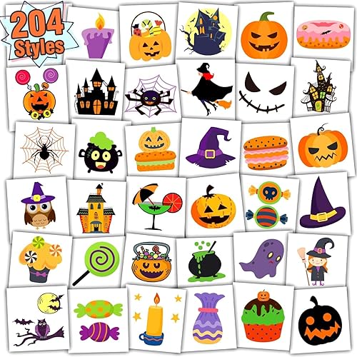 Partywind 204 Individually Wrapped Sheets Halloween Tattoos for Kids Party Supplies, Halloween Pumpkin Decorations, Halloween Treats Goodie Bag Stuffers for Boys and Girls