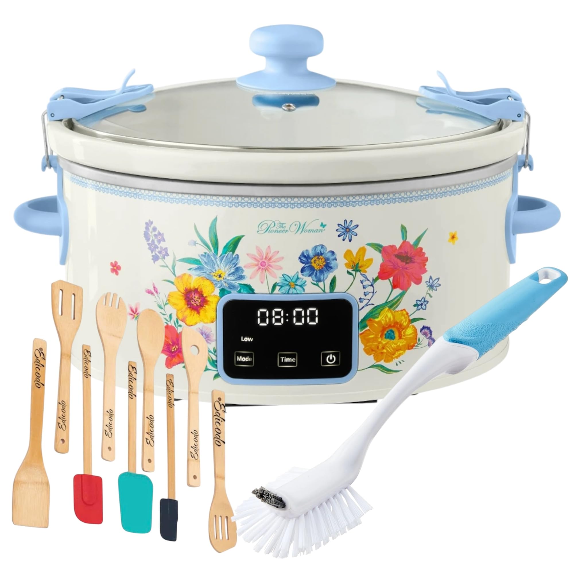 Pioneer Woman 6 Qt Digital Slow Cooker with Locking Lid, Brilliant Blooms, 9 Pieces Utensil and Kitchen Brush Bundle