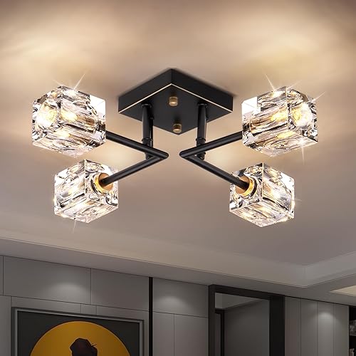 OKES Lámpara de techo moderna de cristal, lámpara de techo semiempotrada con 4 luces, candelabros Sputnik negros y dorados para dormitorio, comedor,