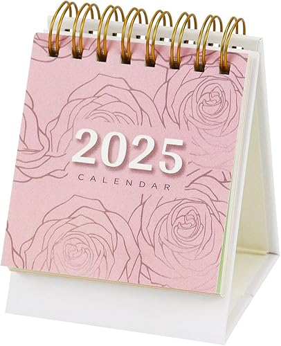 Calendario de escritorio pequeño de julio de 2024 a diciembre de 2025, calendarios de escritorio portátiles rosa con bobina dorada vintage para