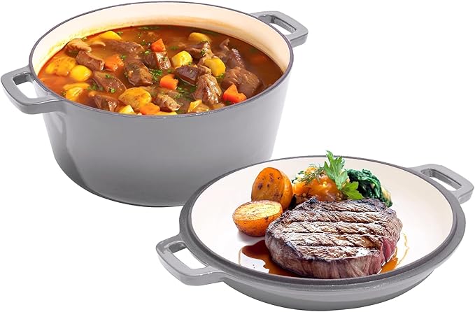 2 in 1 Enameled Cast Iron Dutch Oven Pot 6QT with 2QT Lid - Big Dual Handles - Oven Safe up to 500°F - Classic Round Pot for Versatile Cooking Grey