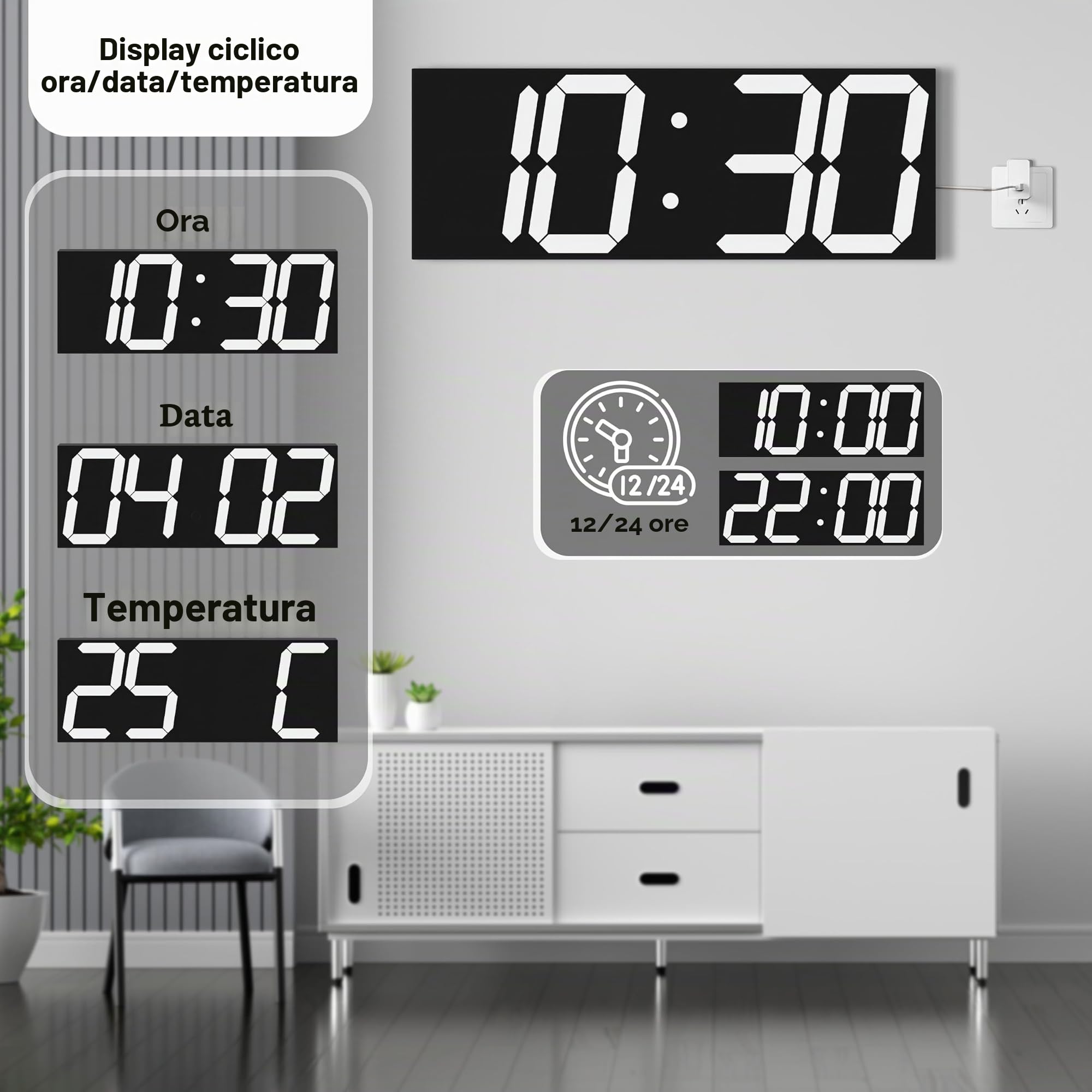 CHKOSDA Orologio da parete digitale automic, 47 cm, orologio digitale a LED con ampio display, orologio da parete multifunzione con sveglia e timer, sincronizzazione automatica dell'ora con luminosità