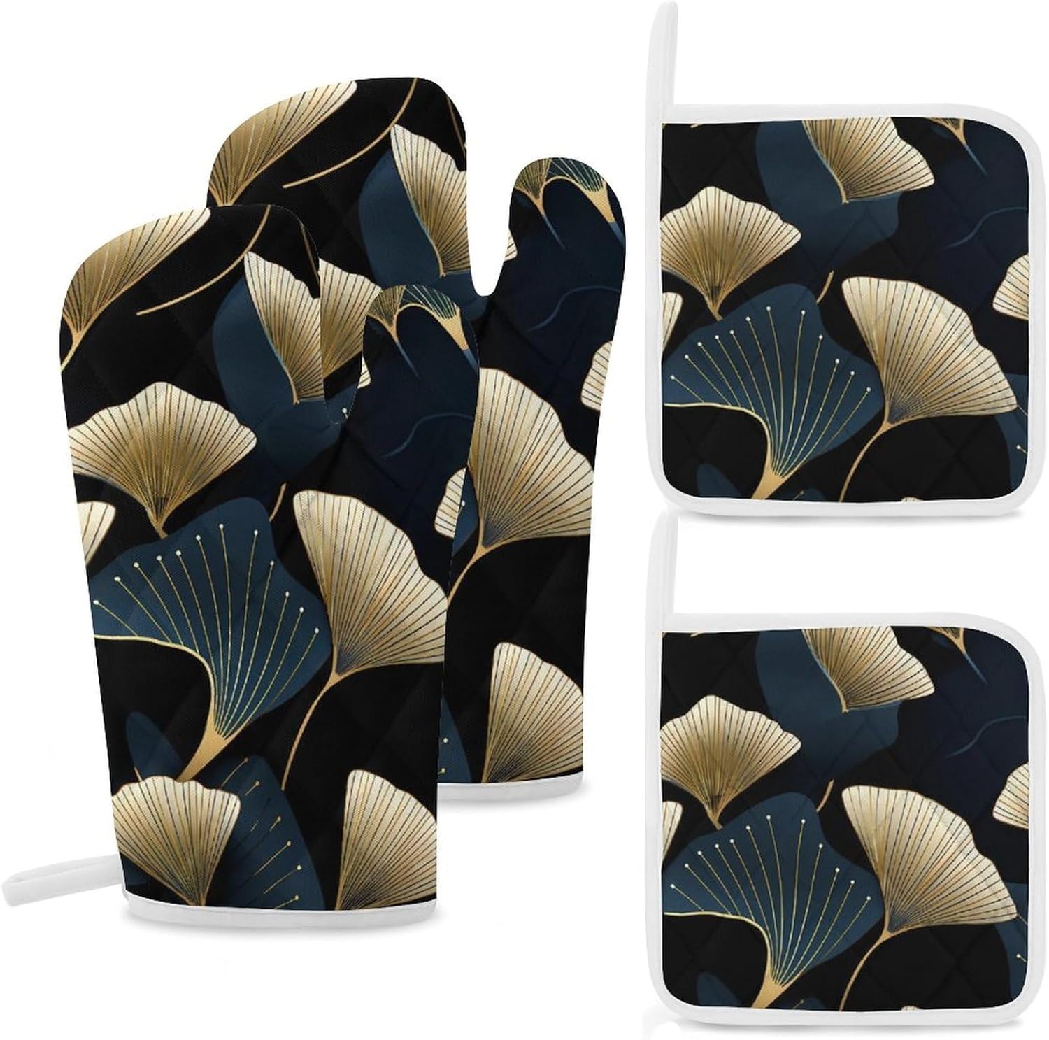Ginkgo Leaves 4 Pcs Oven Mitts and Pot Holders Set High Heat Resistant Long Kitchen Oven Glove Potholders