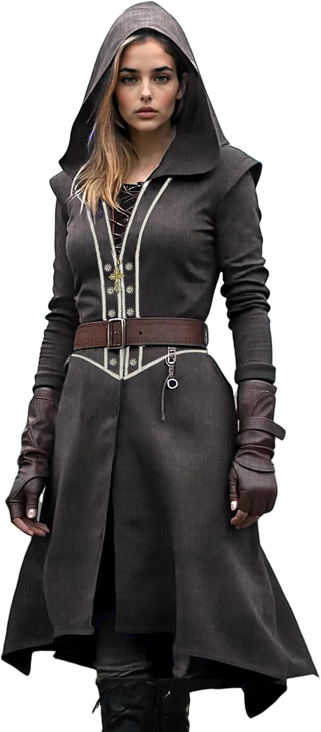 Women's Long Coat with Hood Gothic Medieval Jacket Halloween Warrior Costume steampunk Christmas Outfit