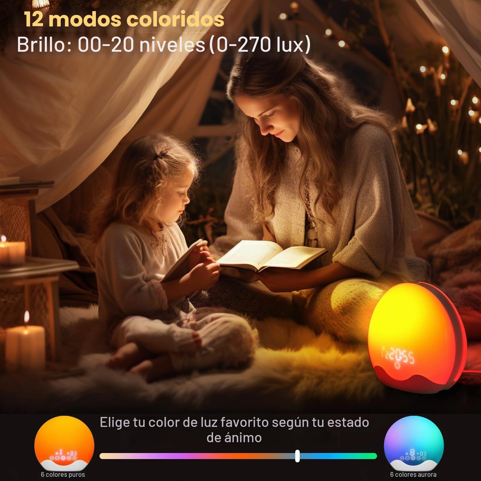 Cadrim Despertador con Luz, Simulación de Amanecer y Atardecer, Radio FM, 5 Sonidos de la Naturaleza, 2 Alarmas, Repetición, Luz de 12 Colores, Plástico Blanco