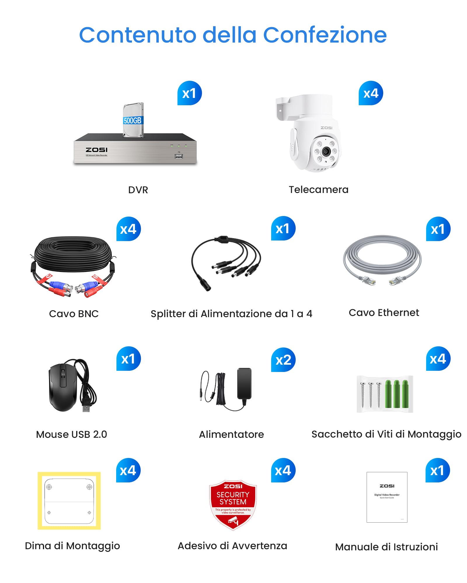 ZOSI 8CH 5MP Kit di Sorveglianza DVR con Telecamera Cablata da 500GB, 5MP Telecamera Esterna PT 360°, Rilevamento di Persona/Veicolo, Visione Notturna 20m, Registrazione 24/7