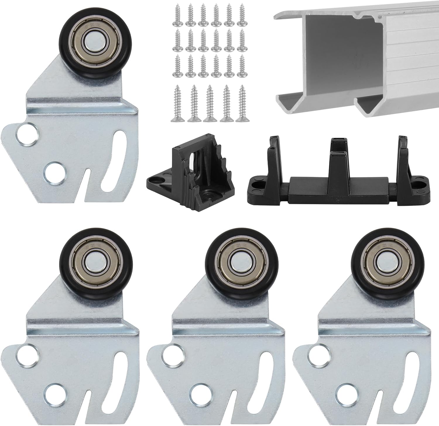 Sliding Closet Door Roller Kit with 48inch Track – Top Hung Door Replacement Hardware with 1-Inch Convex Ball Bearing Wheels, Stamped Steel, 1/4" & 1/2" Offset Brackets.