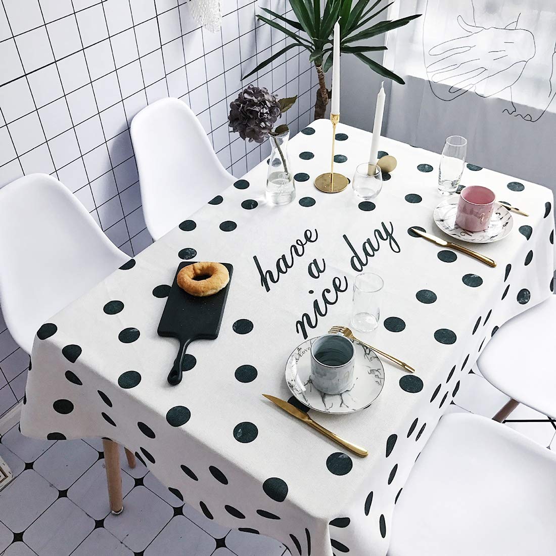 Nappe rectangulaire imperméable en coton-lin anti-tache motif vague 180x140cm