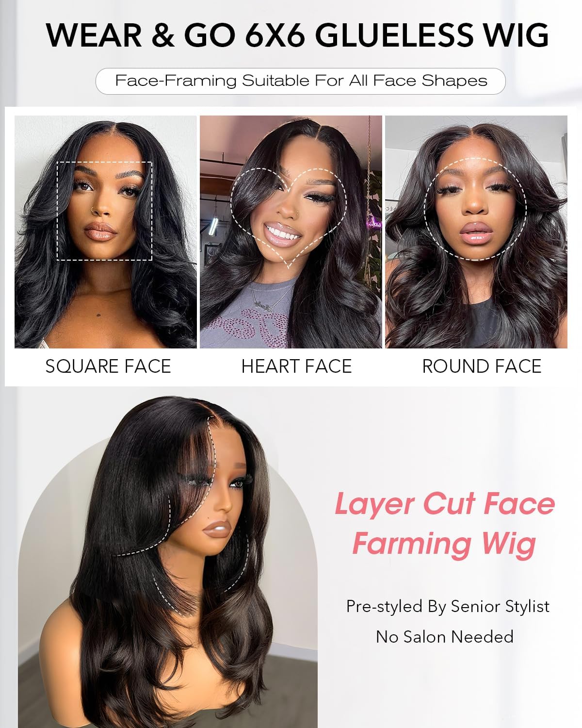 Face-Framing Layered Curtain Bangs Glueless Wigs Human Hair Pre Plucked Pre Cut HD Lace Front Wigs 6x6 Ready to Wear Butterfly Haircut Closure Wig Human Hair with Layered Curtain Bangs 16 Inch