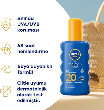 NIVEA SUN SPF20 Sunscreen Body Spray, Instant UVA Protection, 48 Hours Moisturizer, Water Resistant