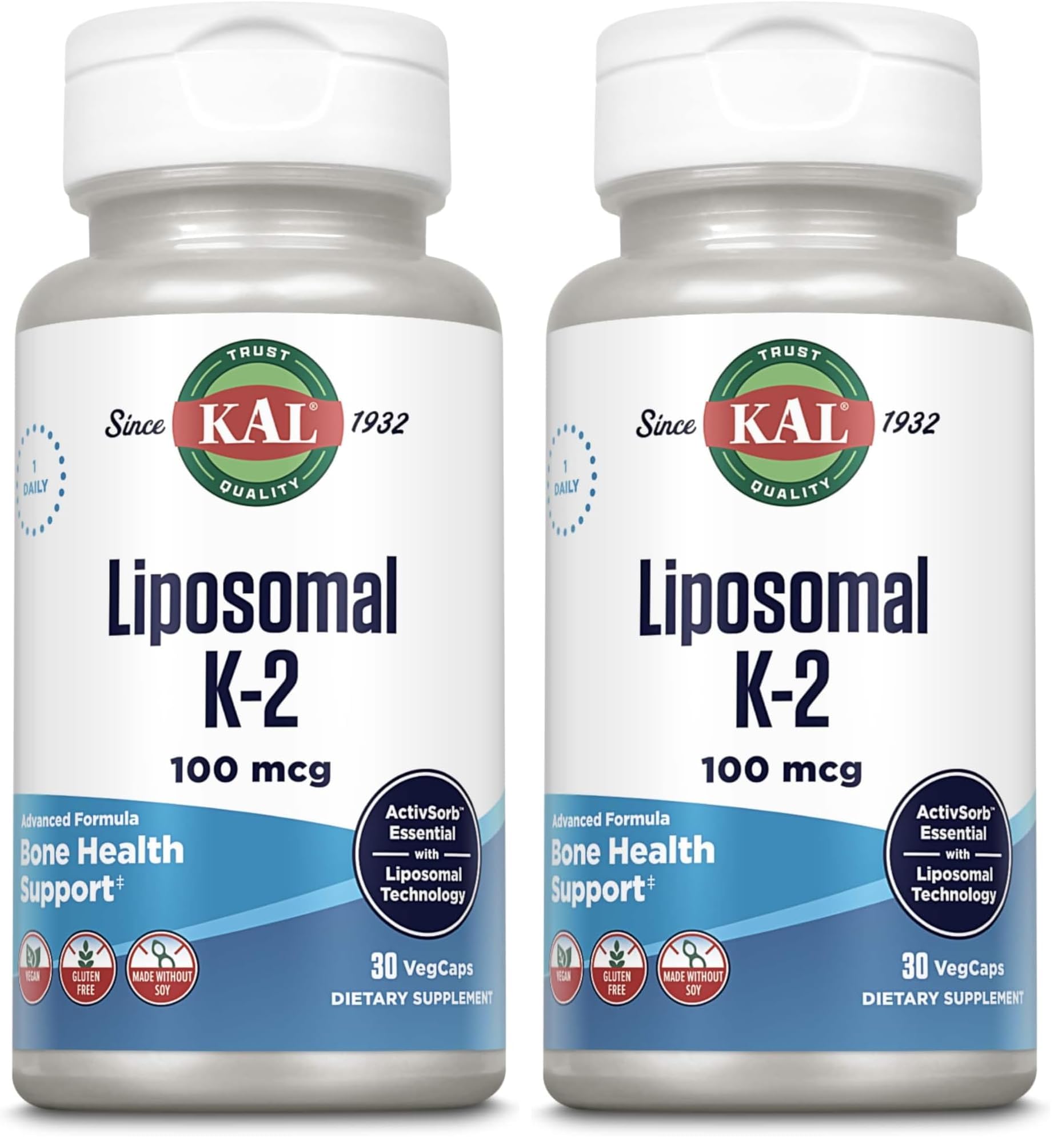 KAL Liposomal Vitamin K2 MK-7 100 mcg Liposomal Supplement, 2 Pack 30 Count (Pack of 2)