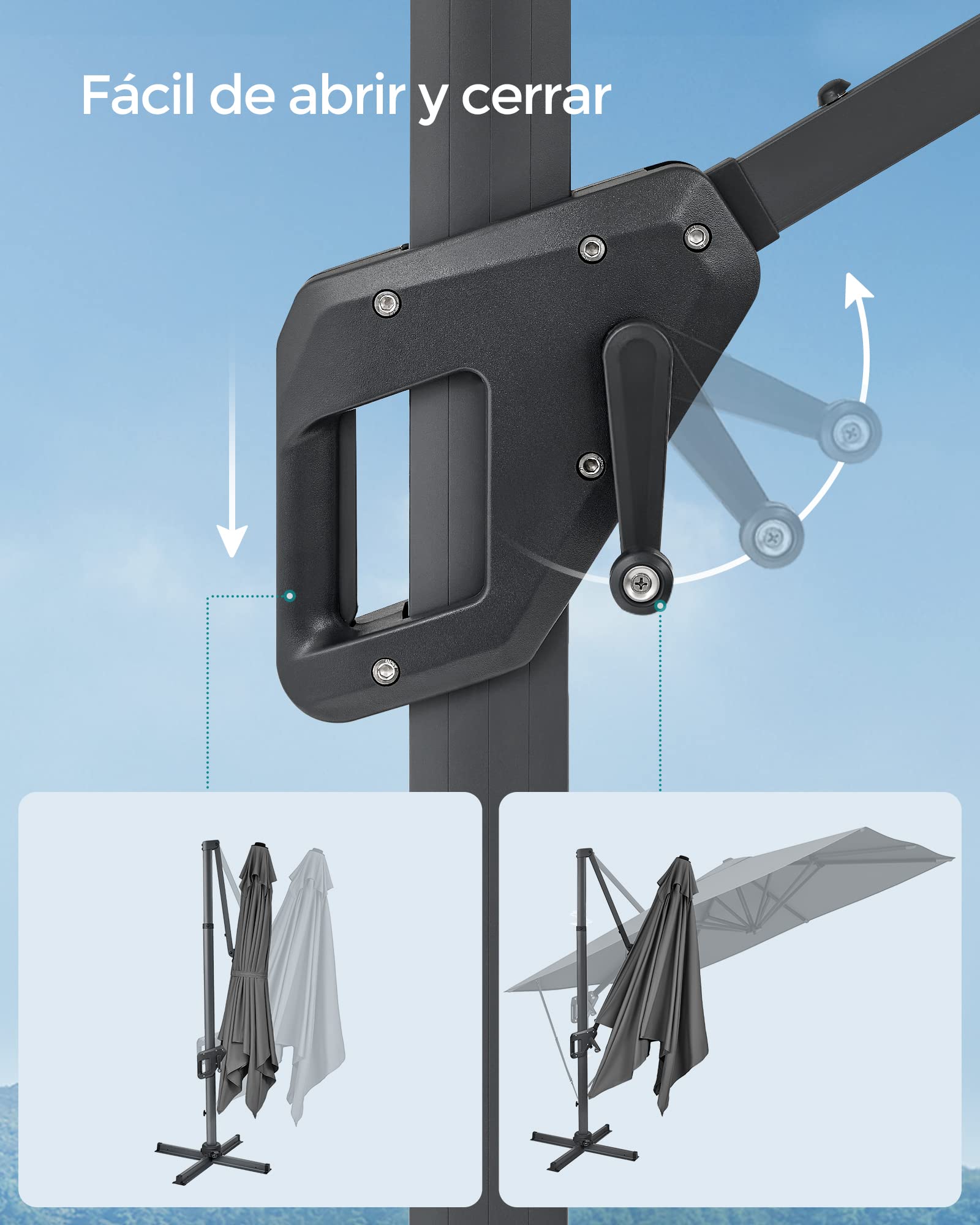 SONGMICS Sombrilla de Jardín de 290 x 290 c, Parasol Excéntrico, UPF 50+, Giratorio 360°, Inclinación Ajustable, con Base en Cruz, Correa de Sujeción y Funda, Gris GPU039G01