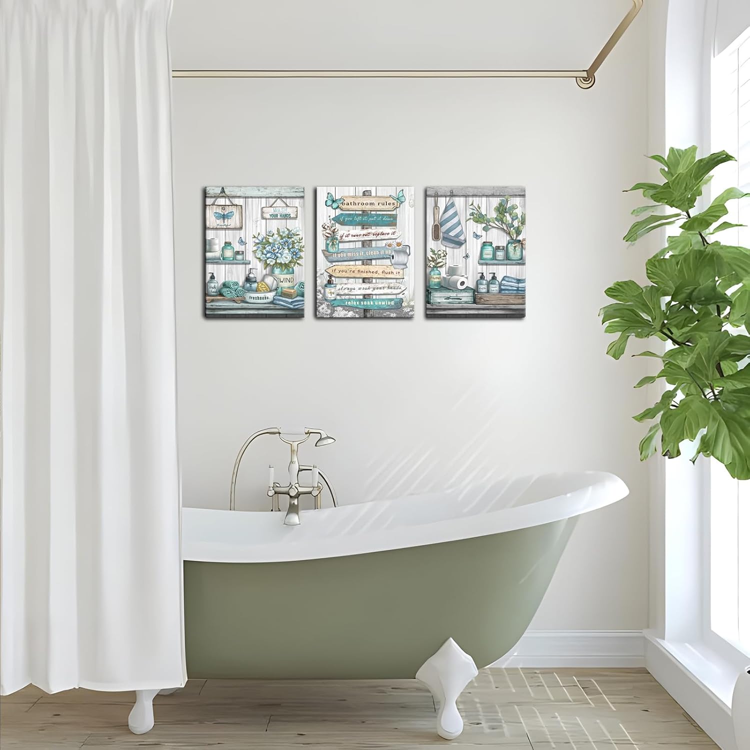 OuElegent Teal Bathroom Wall Art Canvas Farmhouse Wall Decor Rustic Bathroom Rules Paintings Turquoise Pictures for Washroom Wall Decor Framed (12''x16''x3pcs)