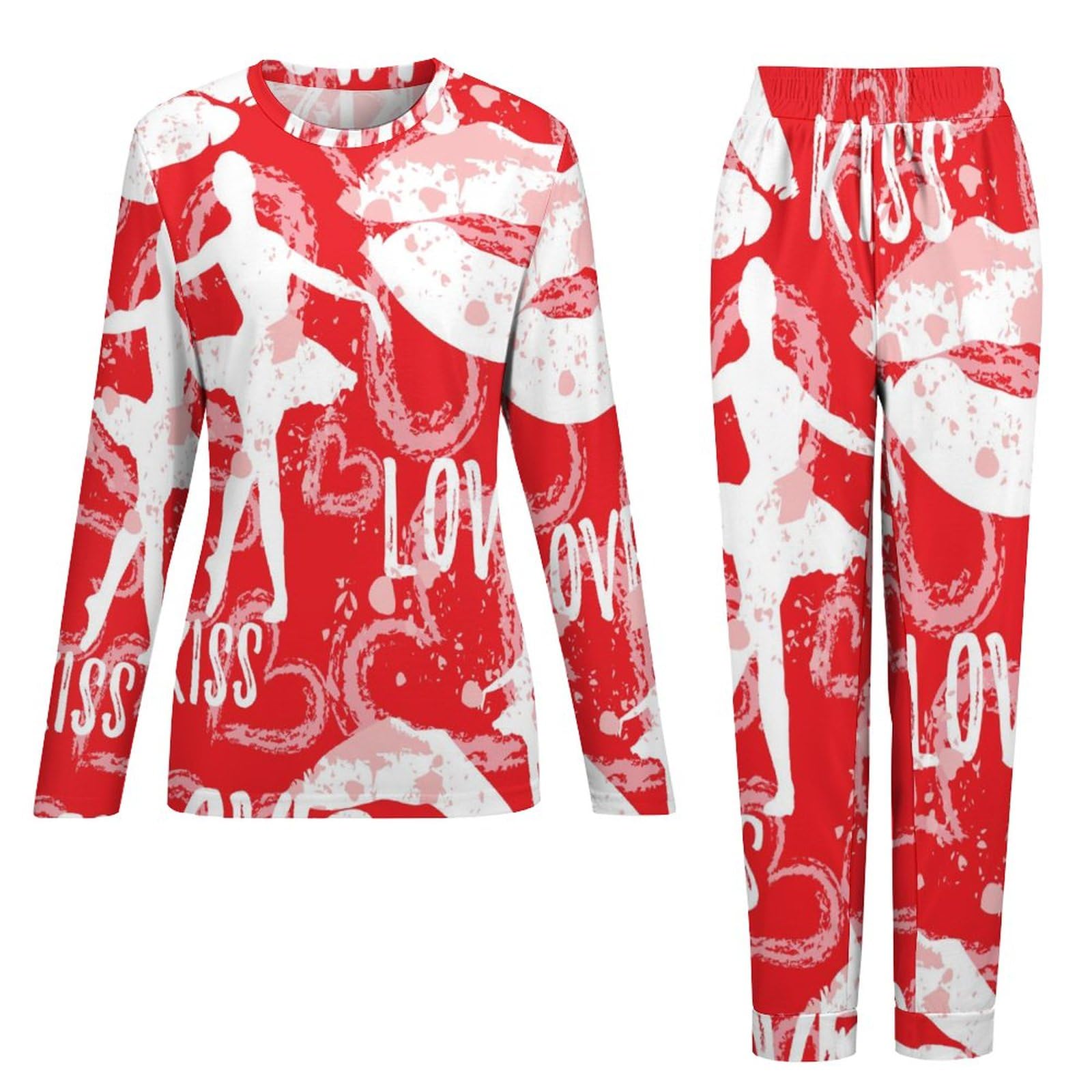 UMENG Ballettmädchen-Lippen Damen Schlafanzug Lange Pyjama Set Zweiteiliger Nachtwäsche Langarm Hausanzug Sleepwear