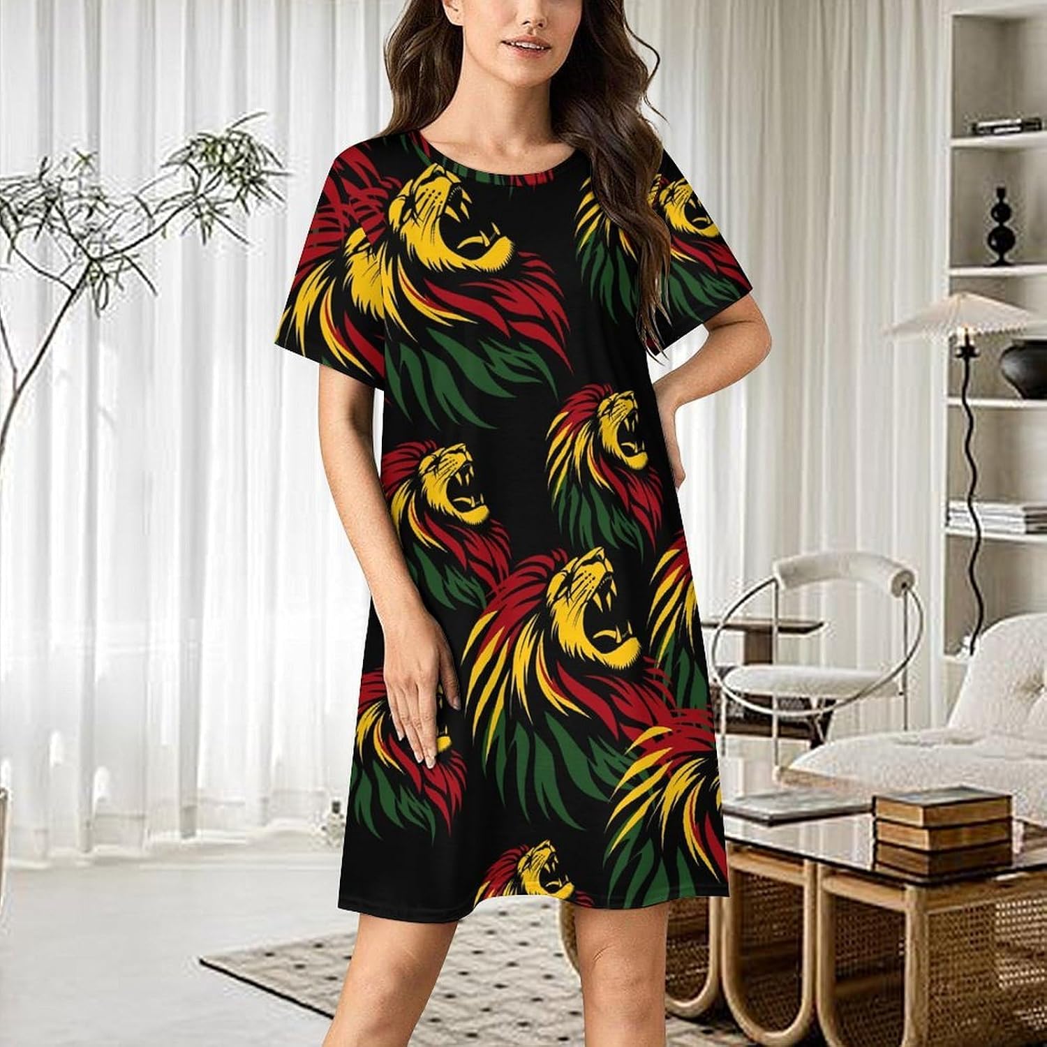 Rasta Reggae Lion Jamaica Night Shirts for Women Soft Nightgowns Short Sleeve Sleep Dress Pajamas Sleepwear