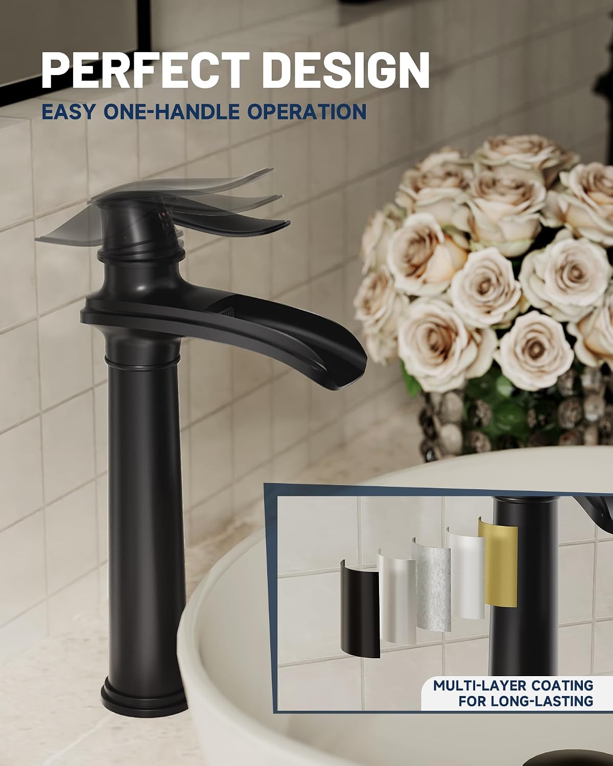 Vessel Sink Faucet Matte Black, 12 Inch Waterfall Bathroom Faucet Single Hole with Pop Up Drain Assembly and Supply Hoses, Single Handle Tall Bathroom Faucets Lavatory Vanity Mixer Tap Brass Body